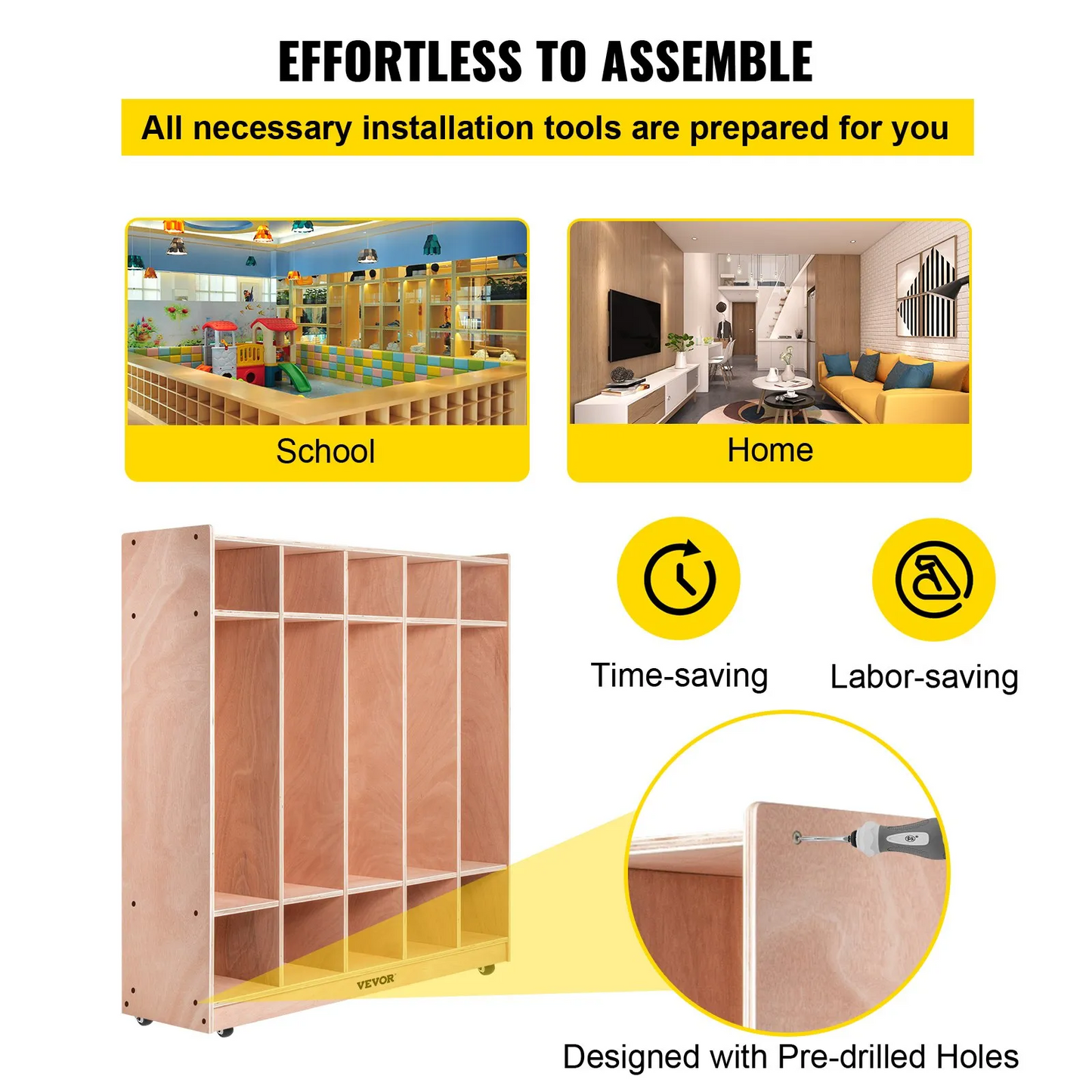 VEVOR Preschool Cubby Lockers 5-Section Plywood Birch Coat Locker 15MM Thickness Kids Locker for Home 48.4 In