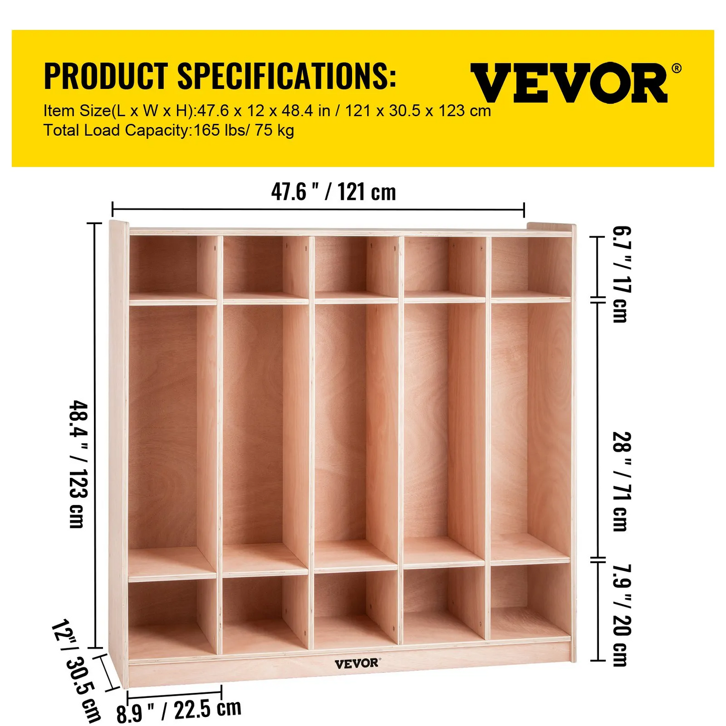 VEVOR Preschool Cubby Lockers 5-Section Plywood Birch Coat Locker 15MM Thickness Kids Locker for Home 48.4 In