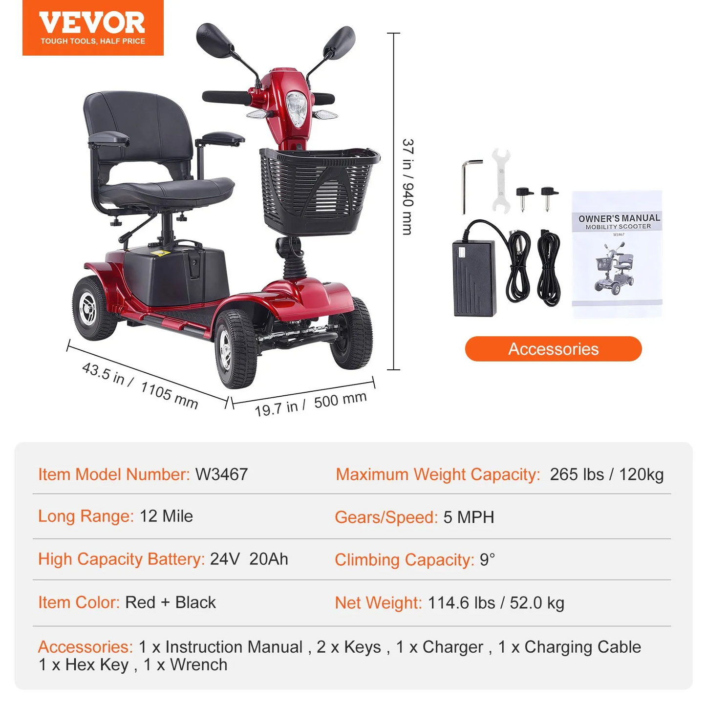 VEVOR Heavy-Duty 4 Wheel Mobility Scooter for Adults & Seniors - Folding Electric Powered Mobility Scooter,-$850