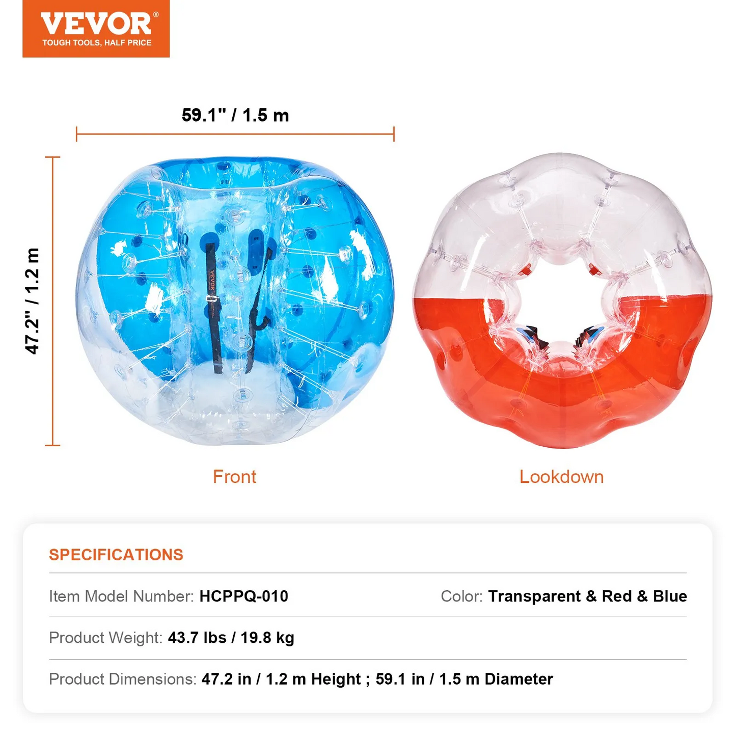 VEVOR Inflatable Bumper Balls 2-Pack, 5FT/1.5M Body Sumo Zorb Balls for Teen & Adult, 0.8mm Thick PVC,-$180