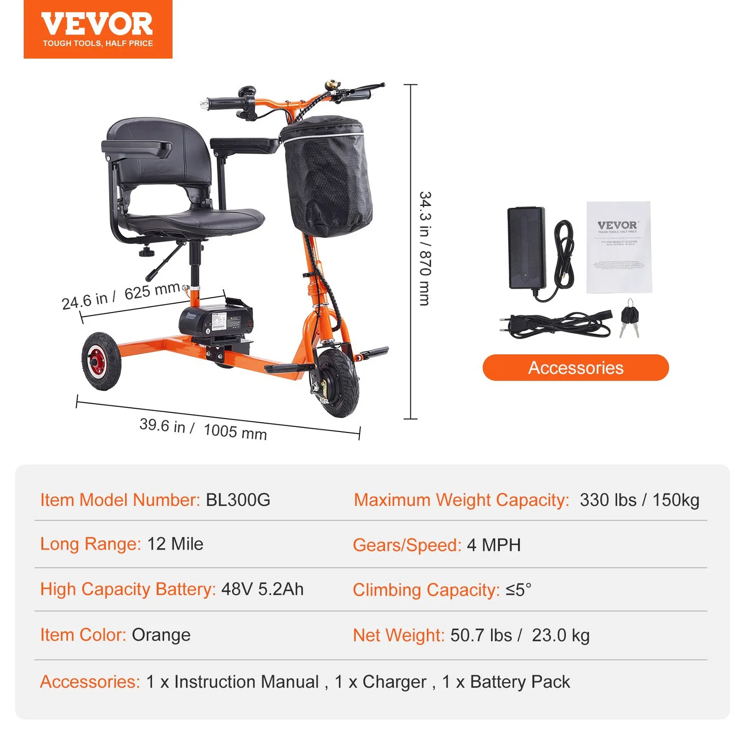 VEVOR Foldable 3 Wheel Mobility Scooter for Seniors, Portable Electric Powered with 12 Mile Long Range,-$450