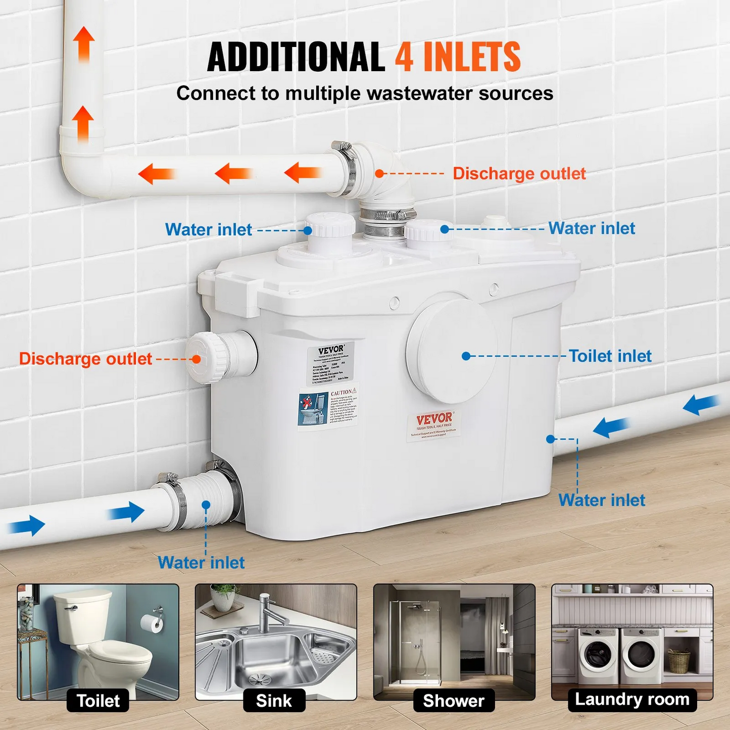 VEVOR Macerating Toilet System with 800W Pump Upflush Toilet For Basement,-$350