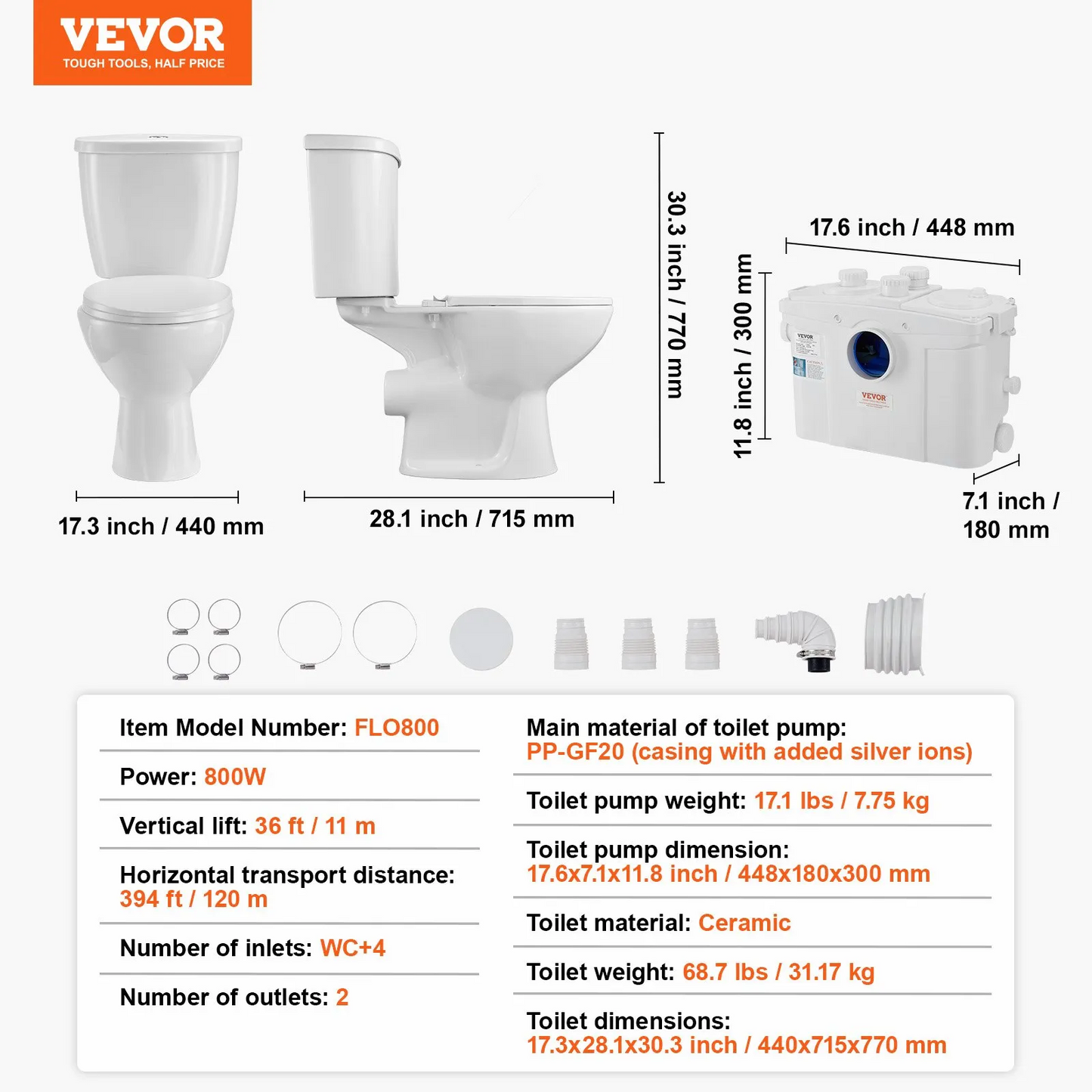 VEVOR Macerating Toilet System with 800W Pump Upflush Toilet For Basement,-$350