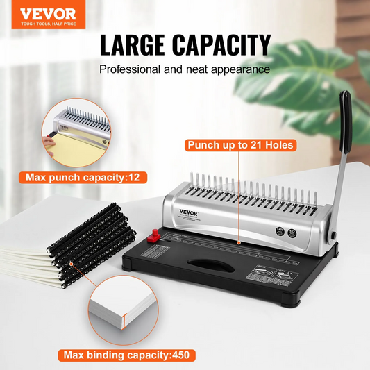VEVOR Binding Machine, Comb Binding Machine 21-Holes Binding 450 Sheets, Book Binder Machine with 100 PCS 3/8''