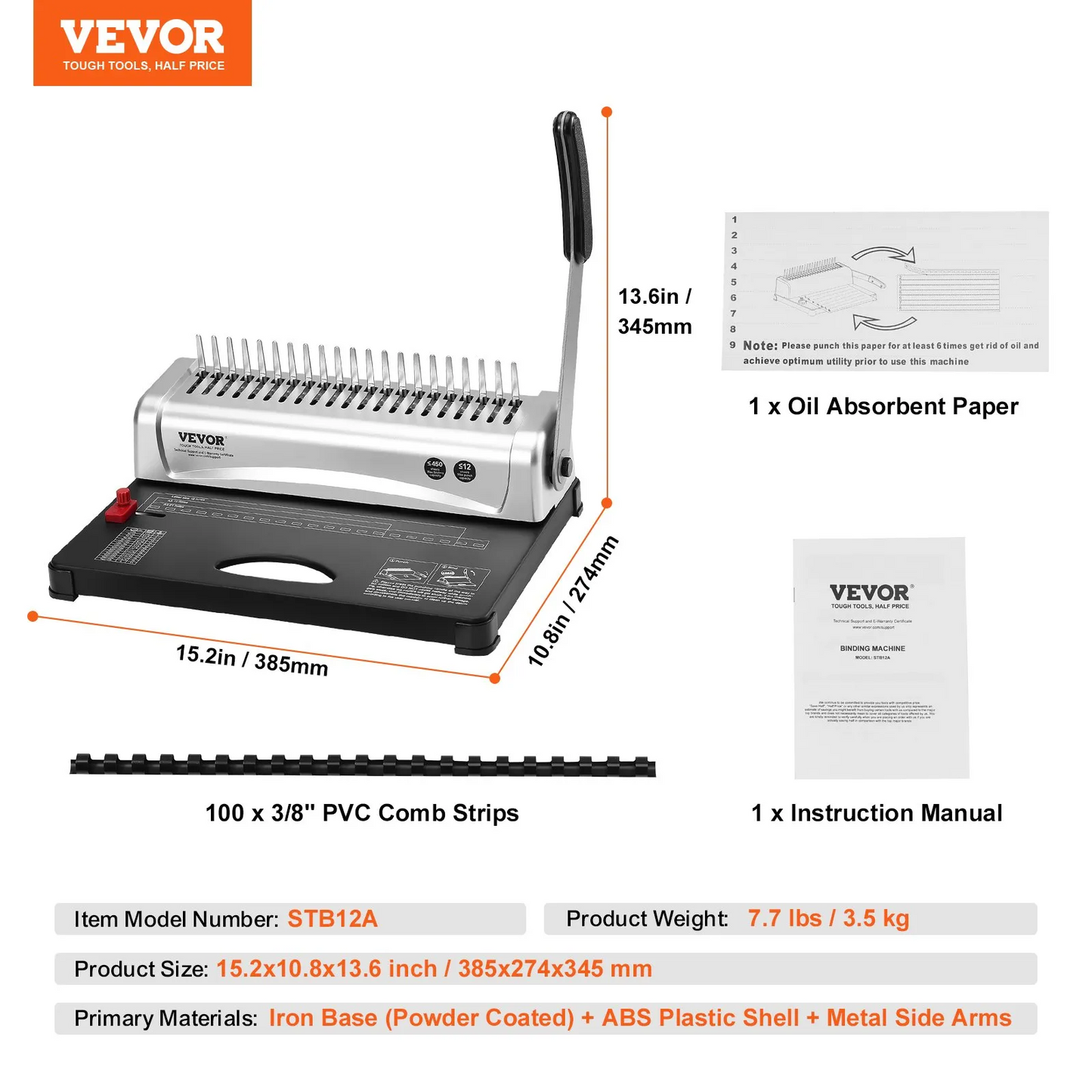 VEVOR Binding Machine, Comb Binding Machine 21-Holes Binding 450 Sheets, Book Binder Machine with 100 PCS 3/8''