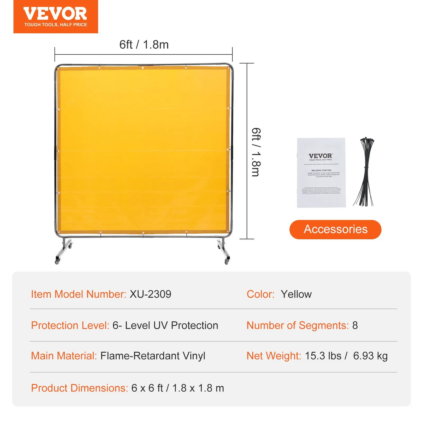 VEVOR Welding Screen with Frame, 6' x 6' Welding Curtain Screen, 4 Swivel Wheel (2 Lockable),-$50