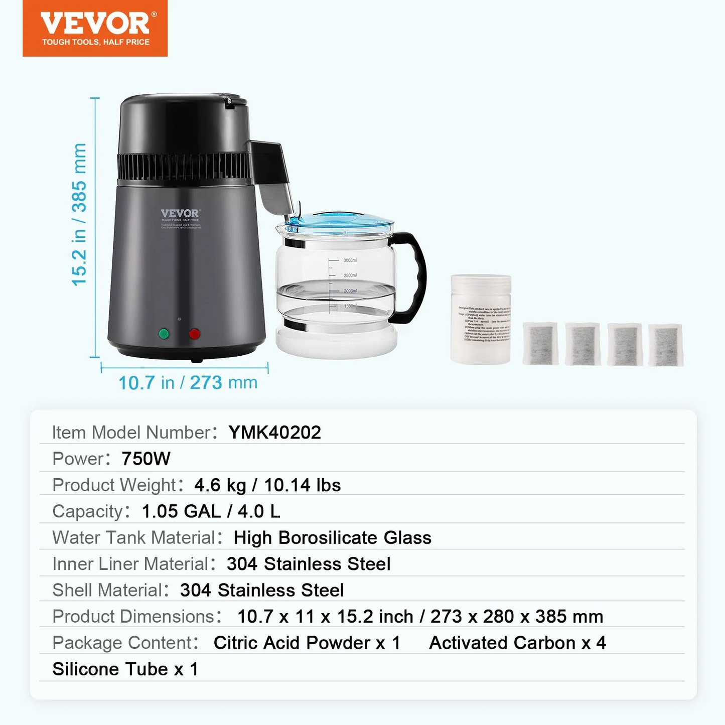 VEVOR Water Distiller, 4L 1.05 Gallon Pure Water Purifier Filter For Home Countertop,-$75
