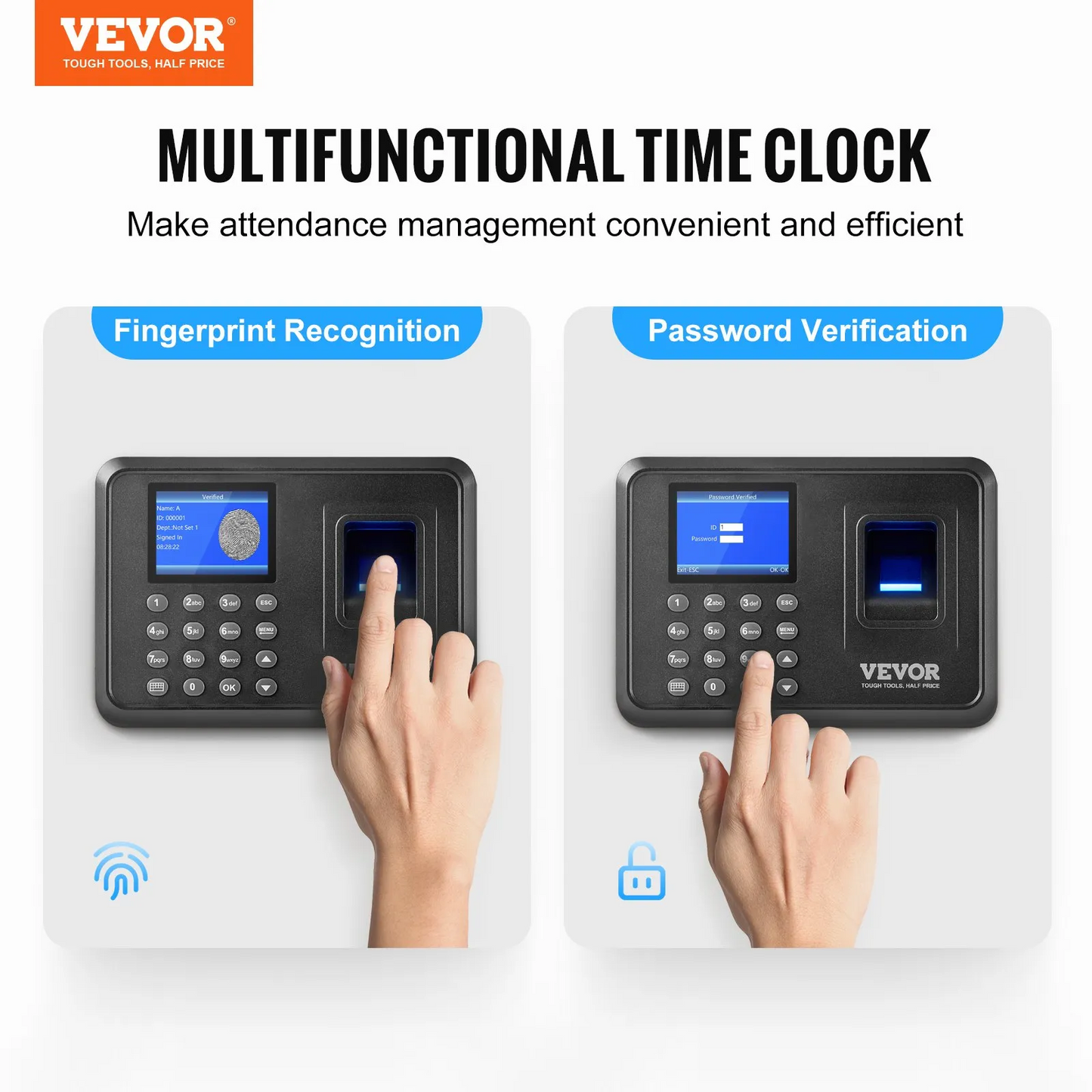 VEVOR Time Clock Biometric Clock 100000 Records Employee Attendance Machine,-$35