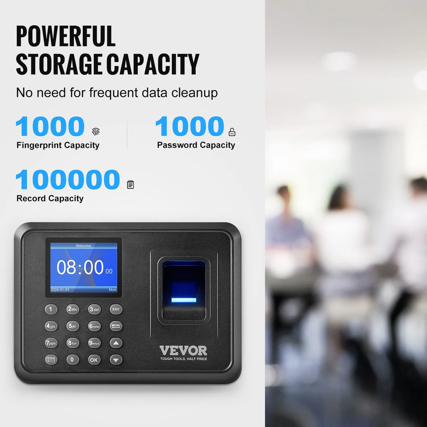 VEVOR Time Clock Biometric Clock 100000 Records Employee Attendance Machine,-$35