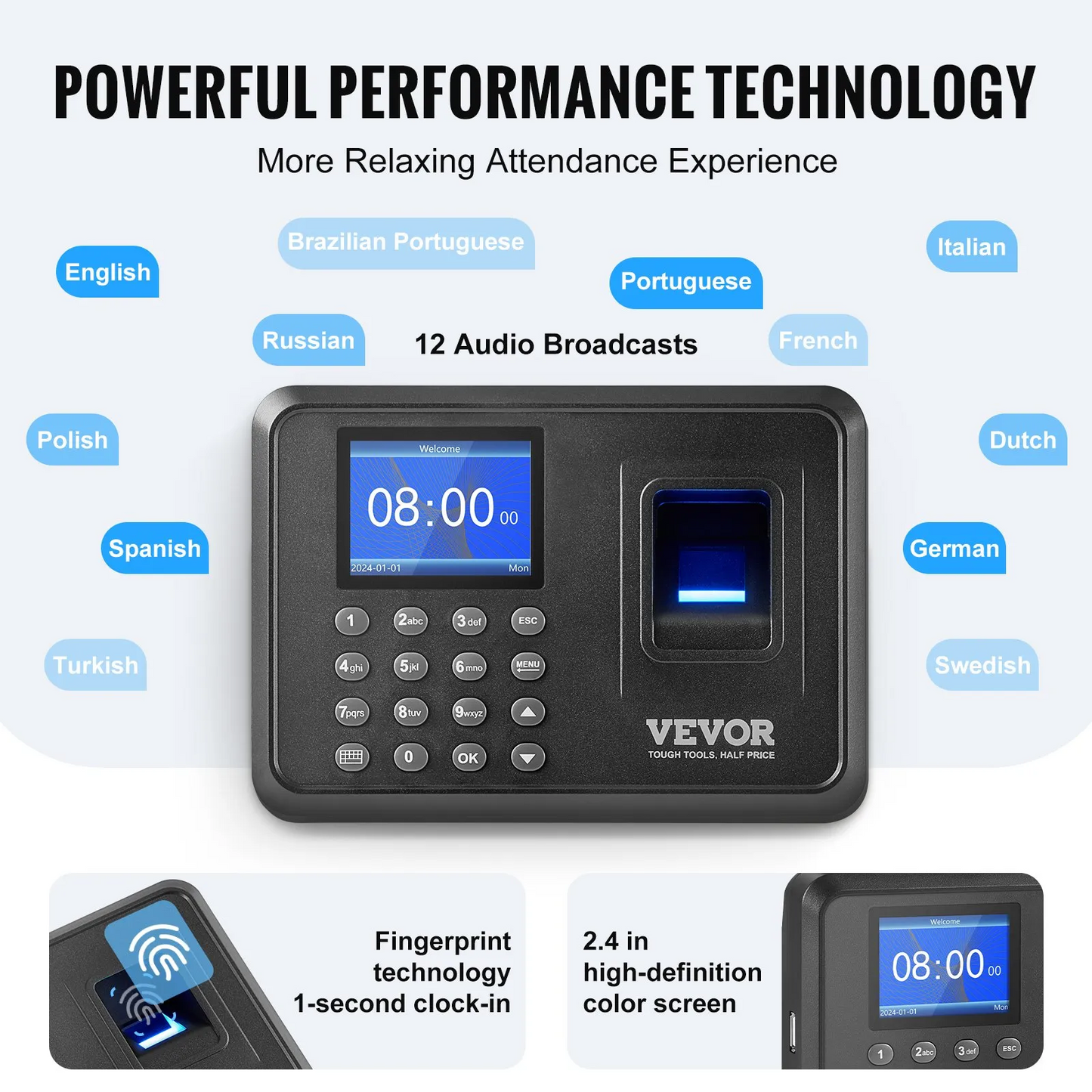 VEVOR Time Clock Biometric Clock 100000 Records Employee Attendance Machine,-$35