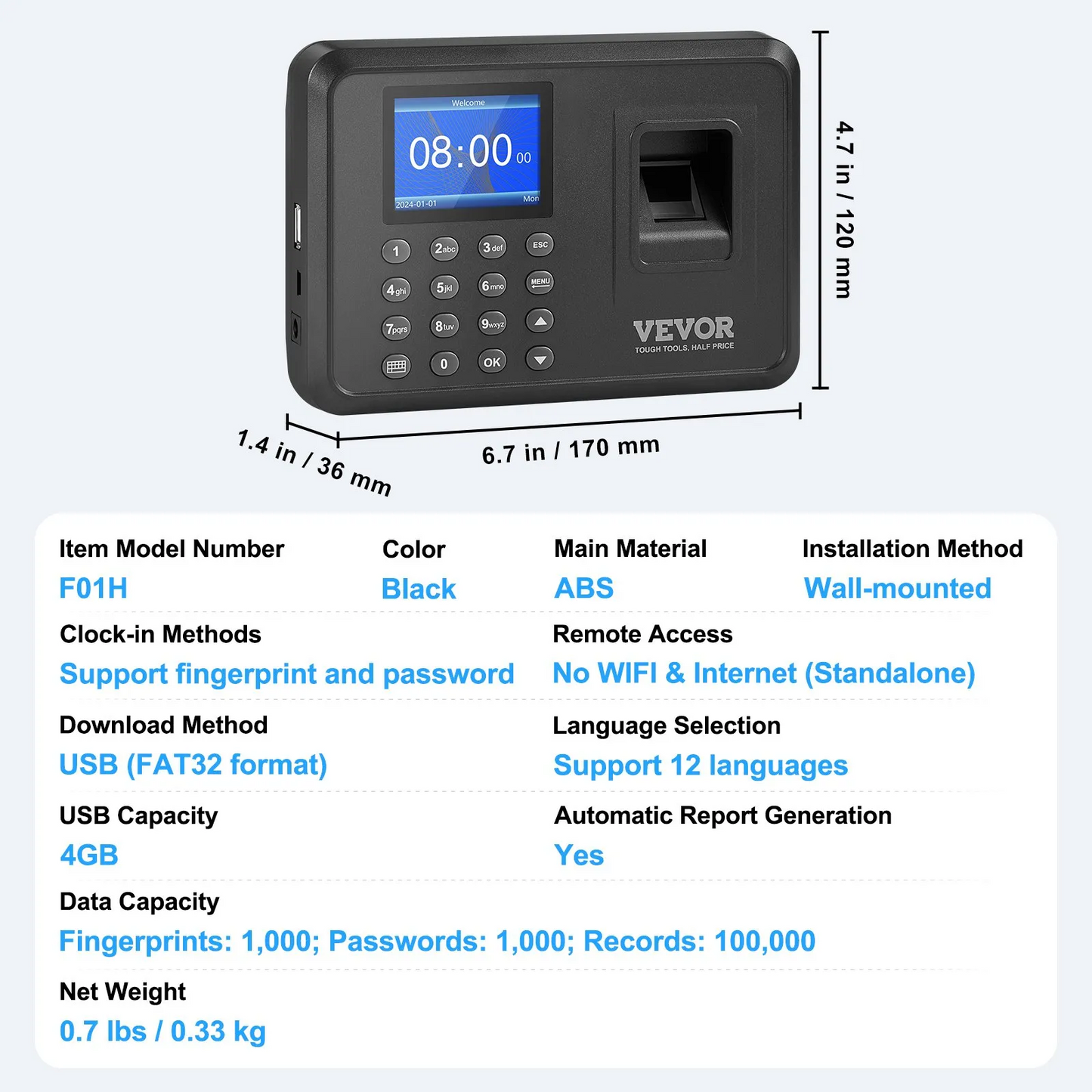 VEVOR Time Clock Biometric Clock 100000 Records Employee Attendance Machine,-$35