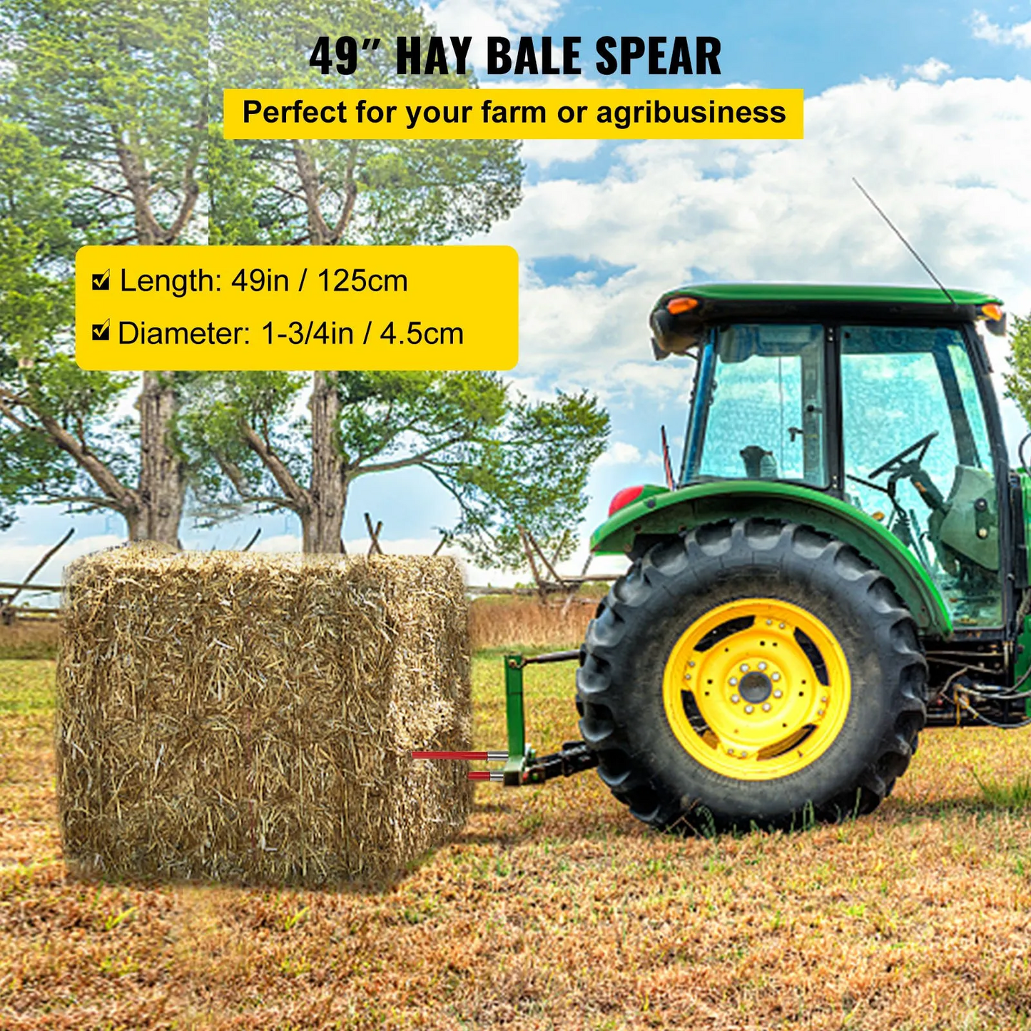 VEVOR Hay Spear 49" Bale Spear 4500 lbs Capacity, Quick Attach Square Hay Bale Spears 1 3/4" wide,-$80