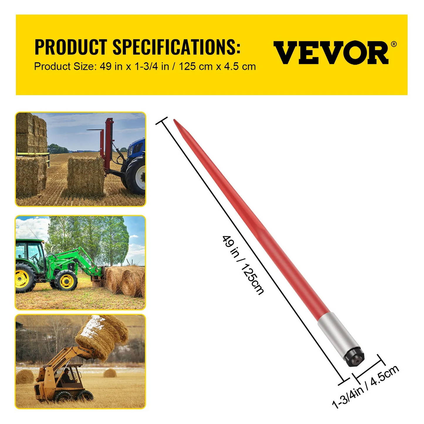 VEVOR Hay Spear 49" Bale Spear 4500 lbs Capacity, Quick Attach Square Hay Bale Spears 1 3/4" wide,-$80