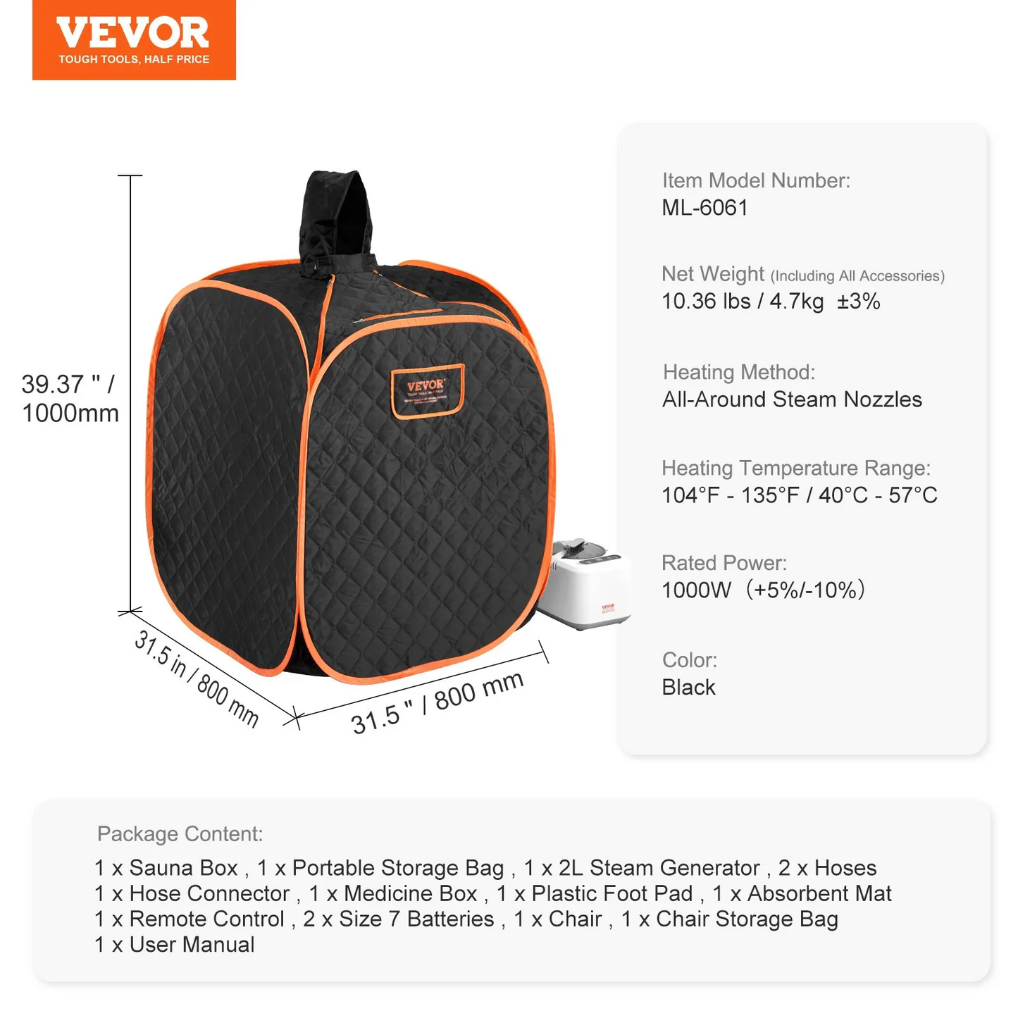 VEVOR Portable Personal Steam Sauna Spa Tent with 2L 1000 Watt Steam Generator, Includes Foldable Chair,-$80