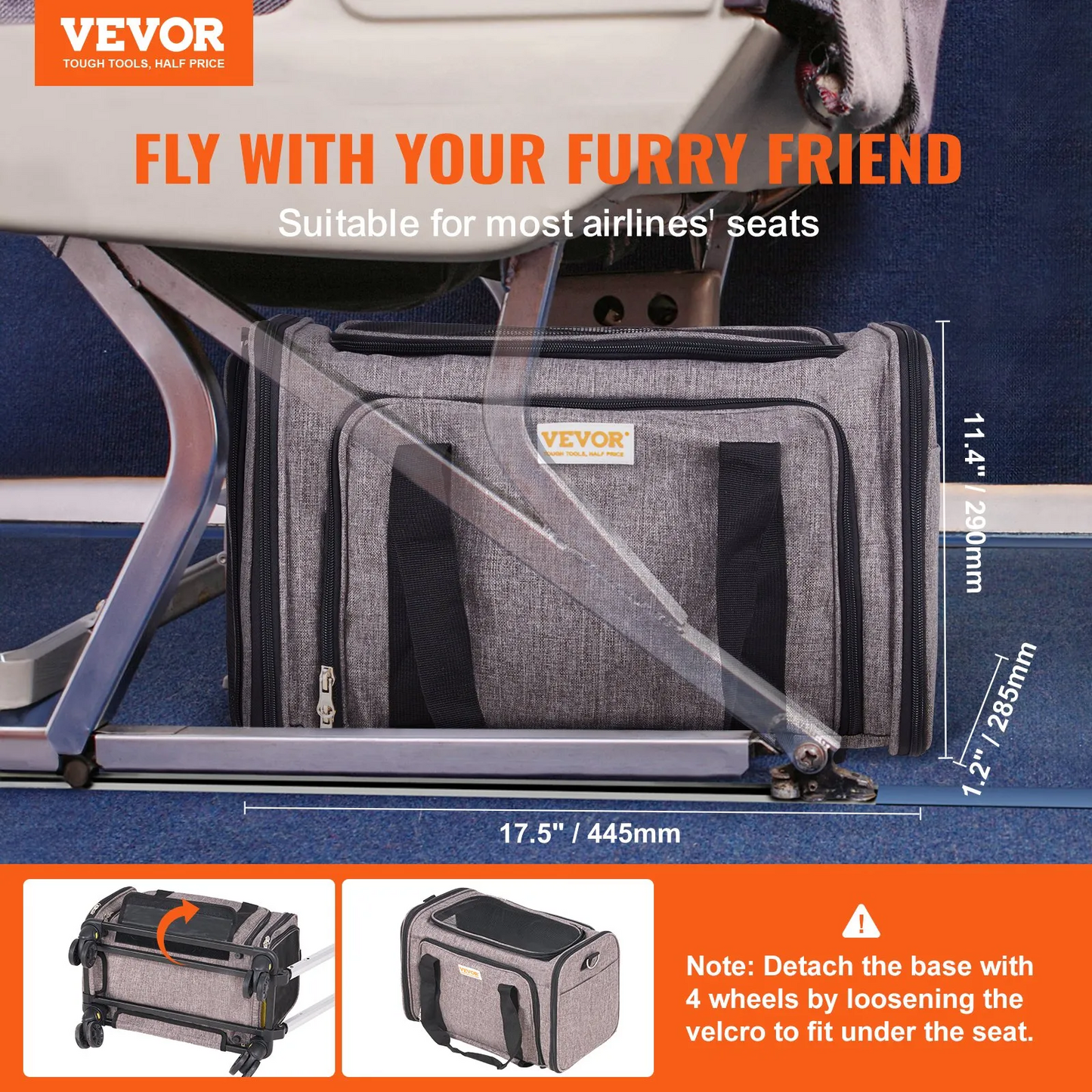 VEVOR Cat Carrier with Wheels, Airline Approved Rolling Pet Carrier with Telescopic Handle