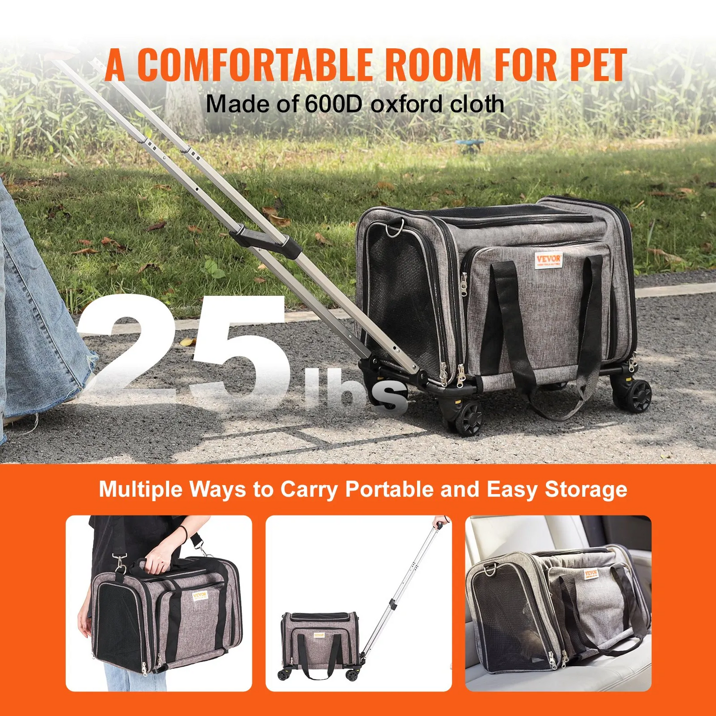 VEVOR Cat Carrier with Wheels, Airline Approved Rolling Pet Carrier with Telescopic Handle
