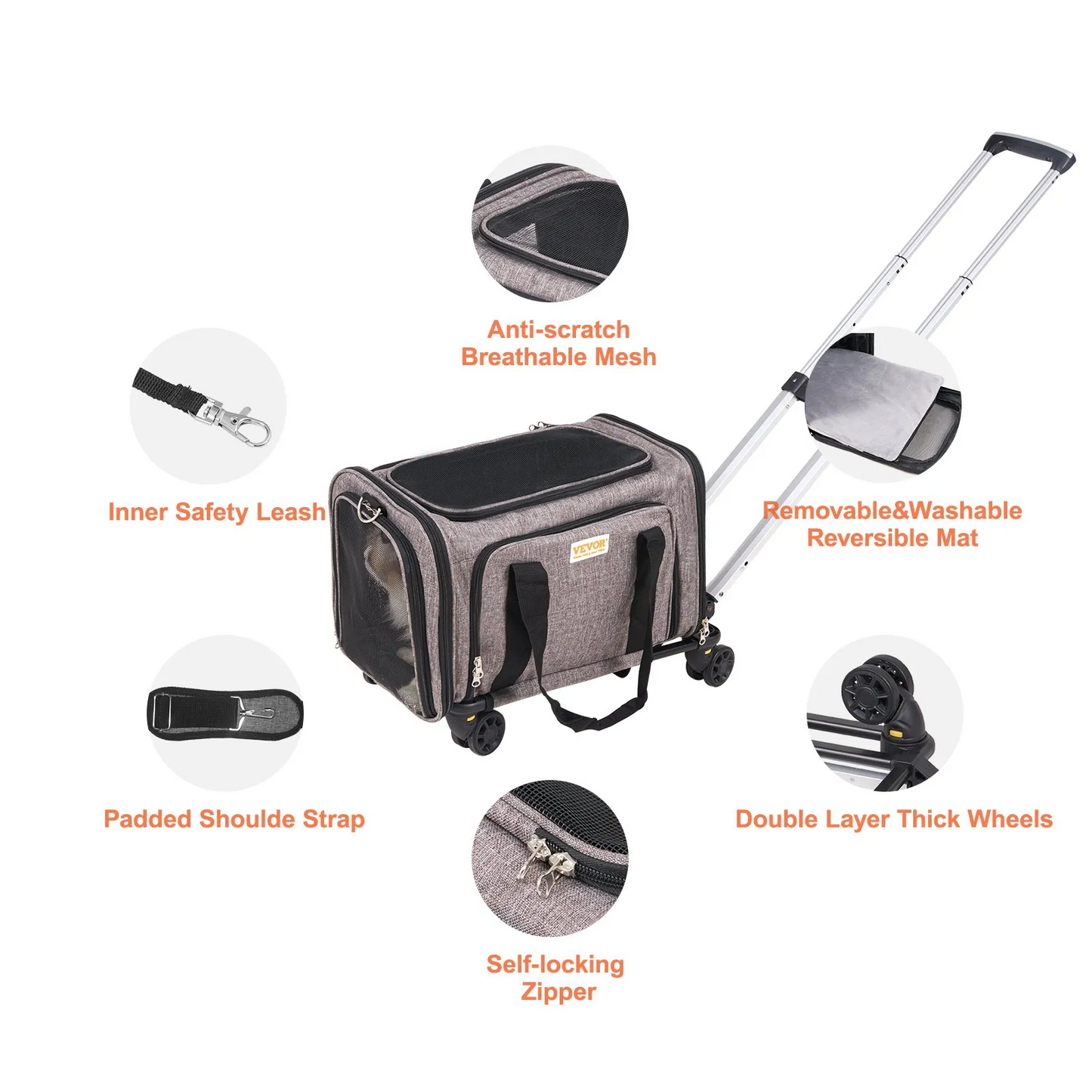VEVOR Cat Carrier with Wheels, Airline Approved Rolling Pet Carrier with Telescopic Handle