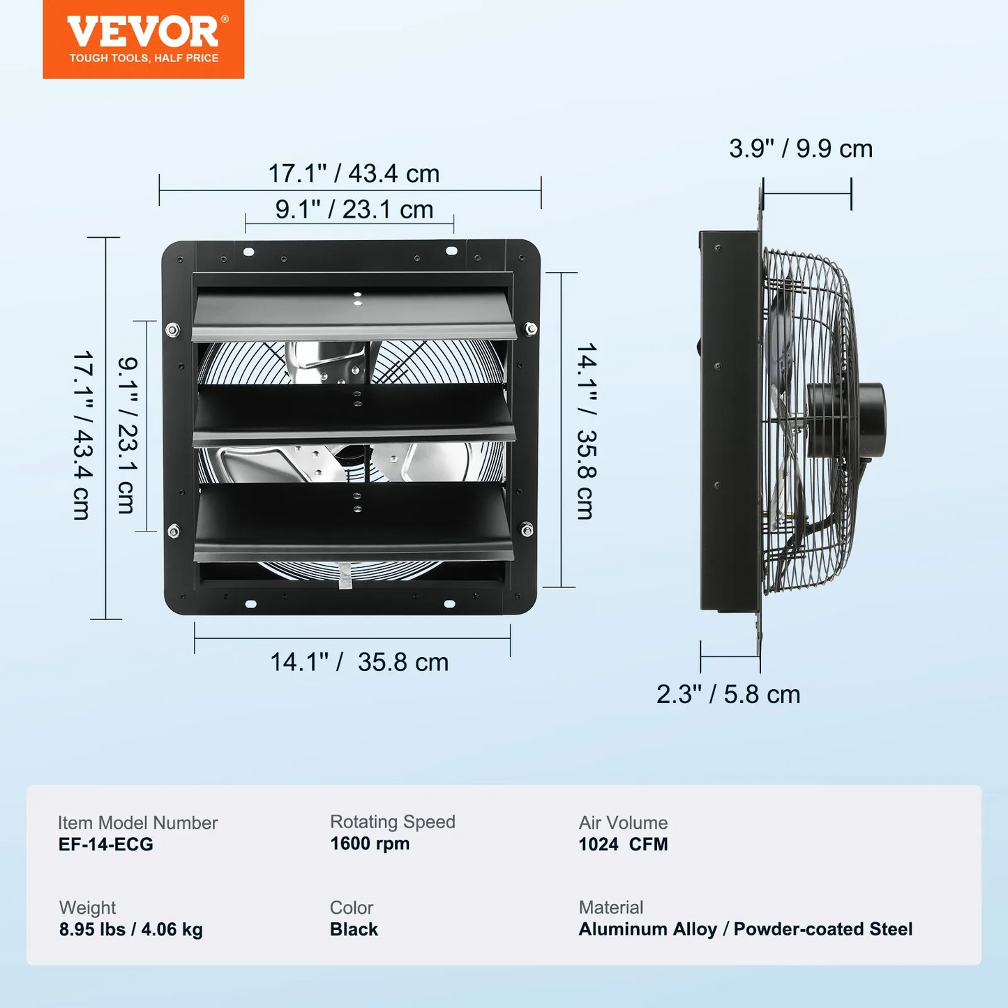 VEVOR Shutter Exhaust Fan, 14'' with Temperature Humidity Controller, EC-motor, 1513 CFM, 10-Speed,-$100