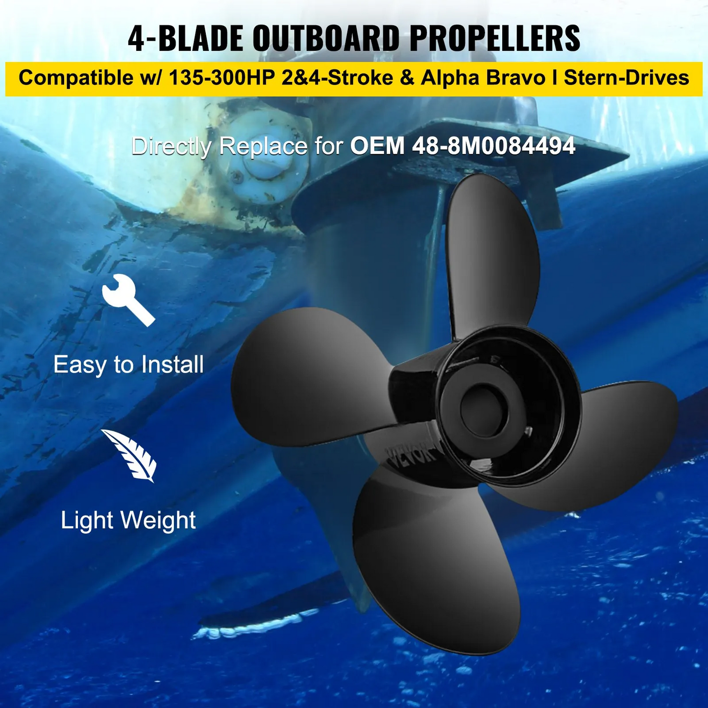 VEVOR Outboard Propeller, Replace for OEM 48-8M0084494, 4-Blade 14 1/2 x 17 Boat Propeller,-$60