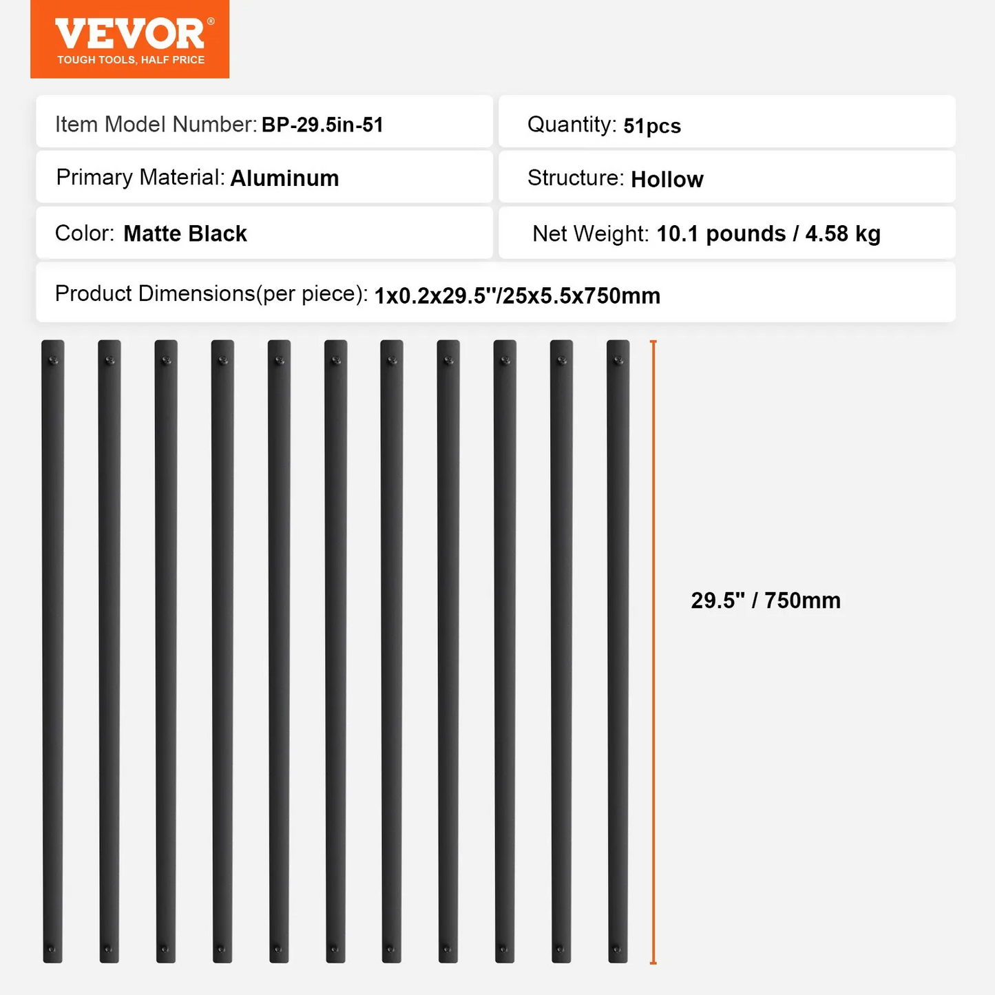 VEVOR Staircase Metal Balusters, 29.5'' x 1'' Flat Aluminum Alloy Decorative Banister Spindles,-$75