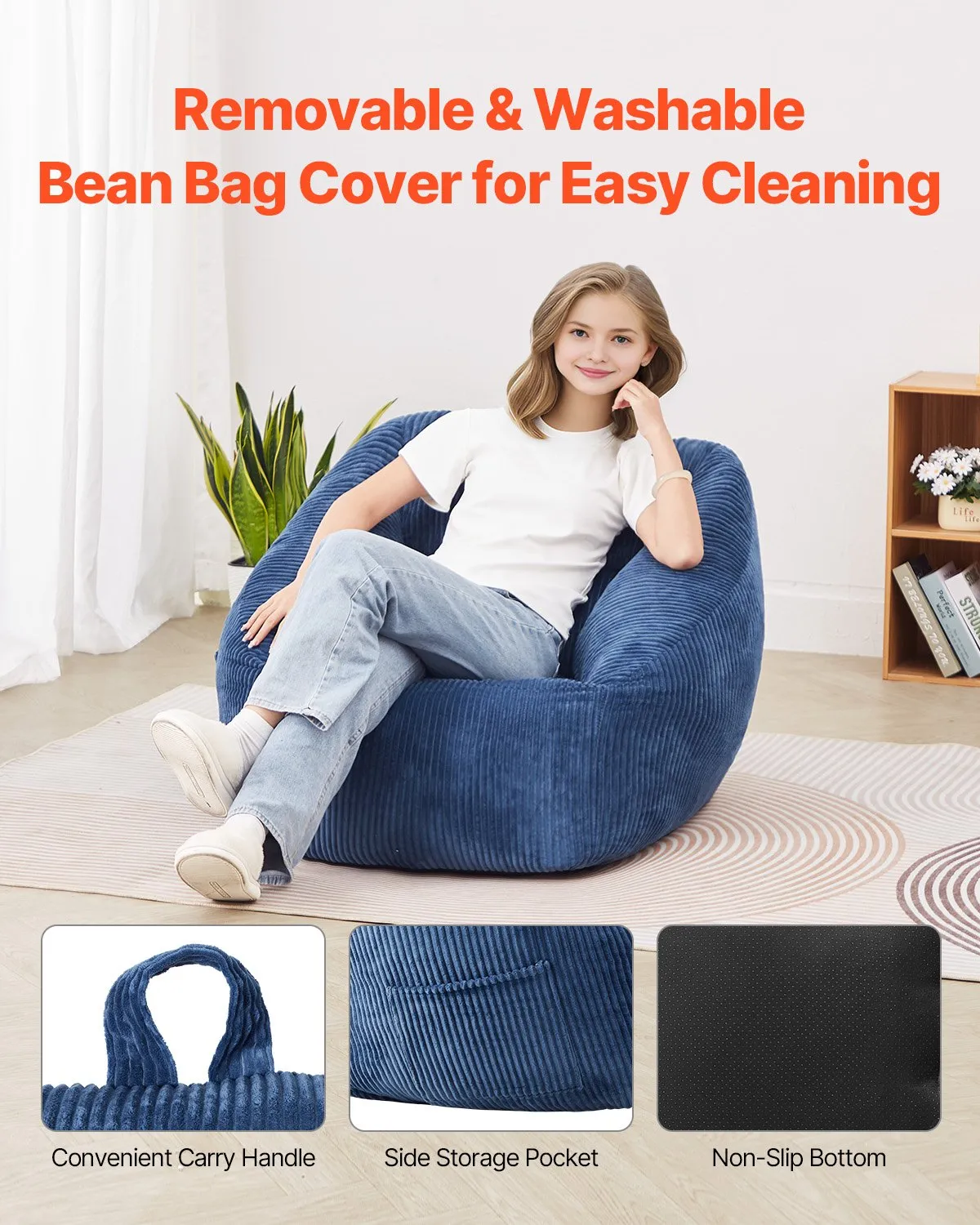 VEVOR 3 feet Bean Bag Chair with Soft Armrests and Storage Pocket Blue,-$70