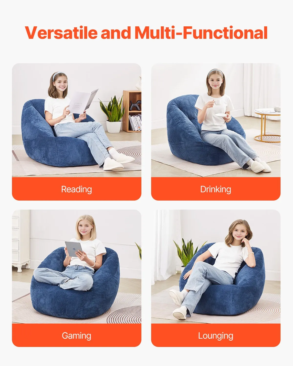 VEVOR 3 feet Bean Bag Chair with Soft Armrests and Storage Pocket Blue,-$70