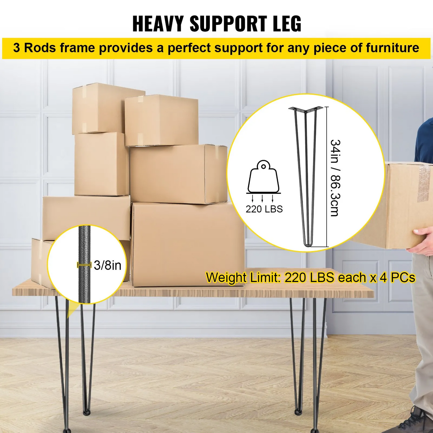 VEVOR Hairpin Table Legs 34 inch, Set of 4 DIY Desk Table Legs 3 Rods Heavy Duty,-$25