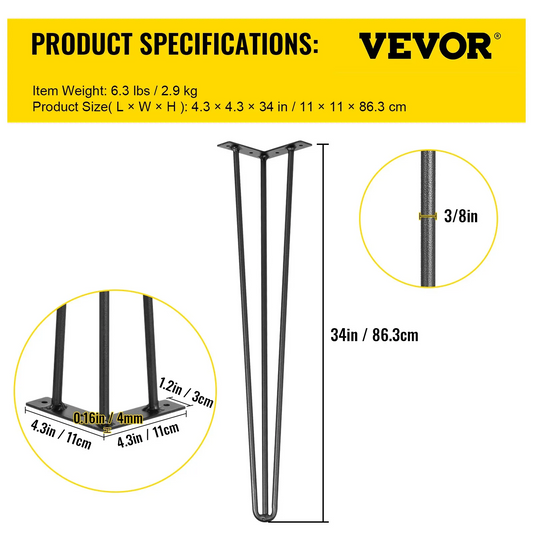 VEVOR Hairpin Table Legs 34 inch, Set of 4 DIY Desk Table Legs 3 Rods Heavy Duty,-$25