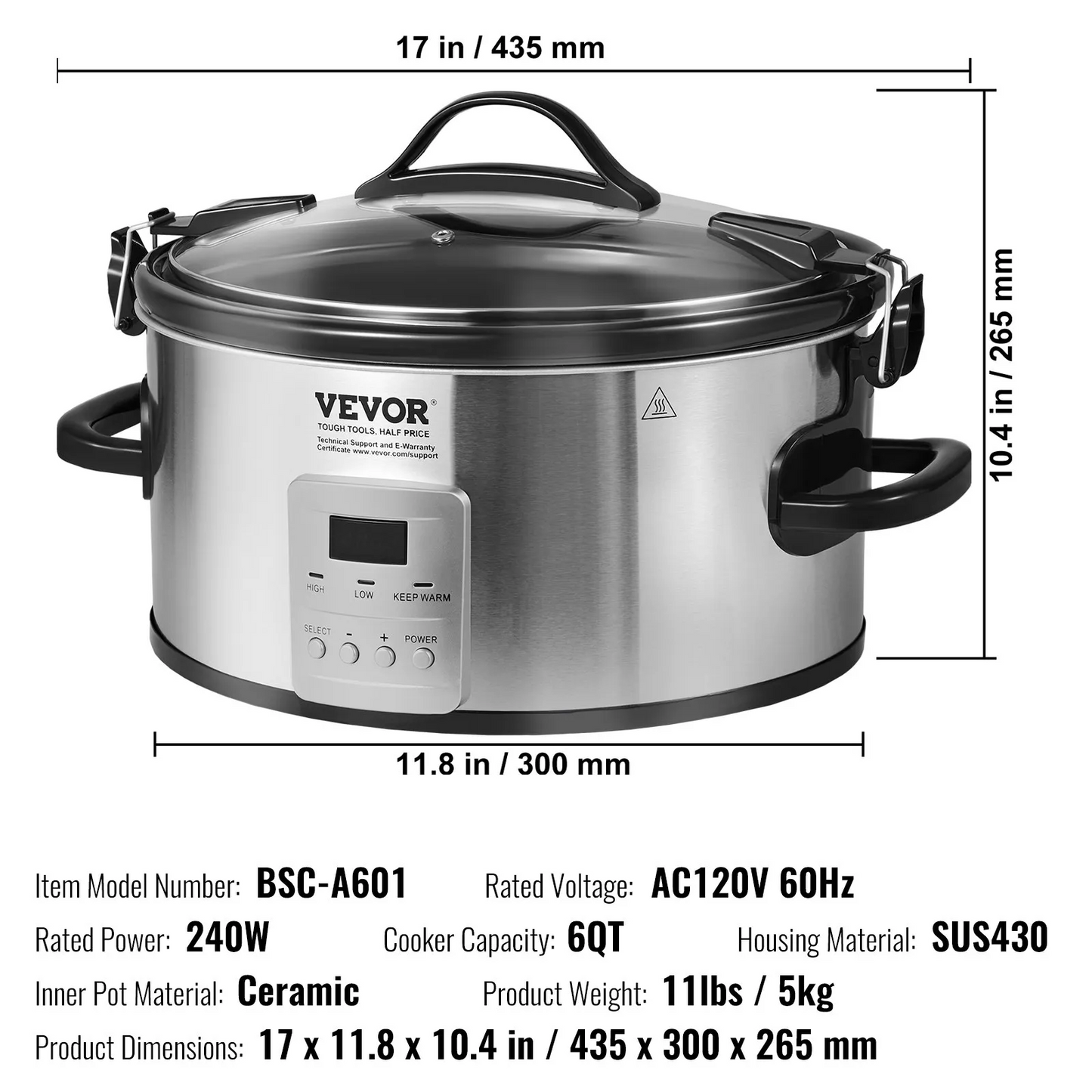 VEVOR Slow Cooker, 6QT 240W Electric Slow Cooker Pot with 3-Level Heat Settings,-$50