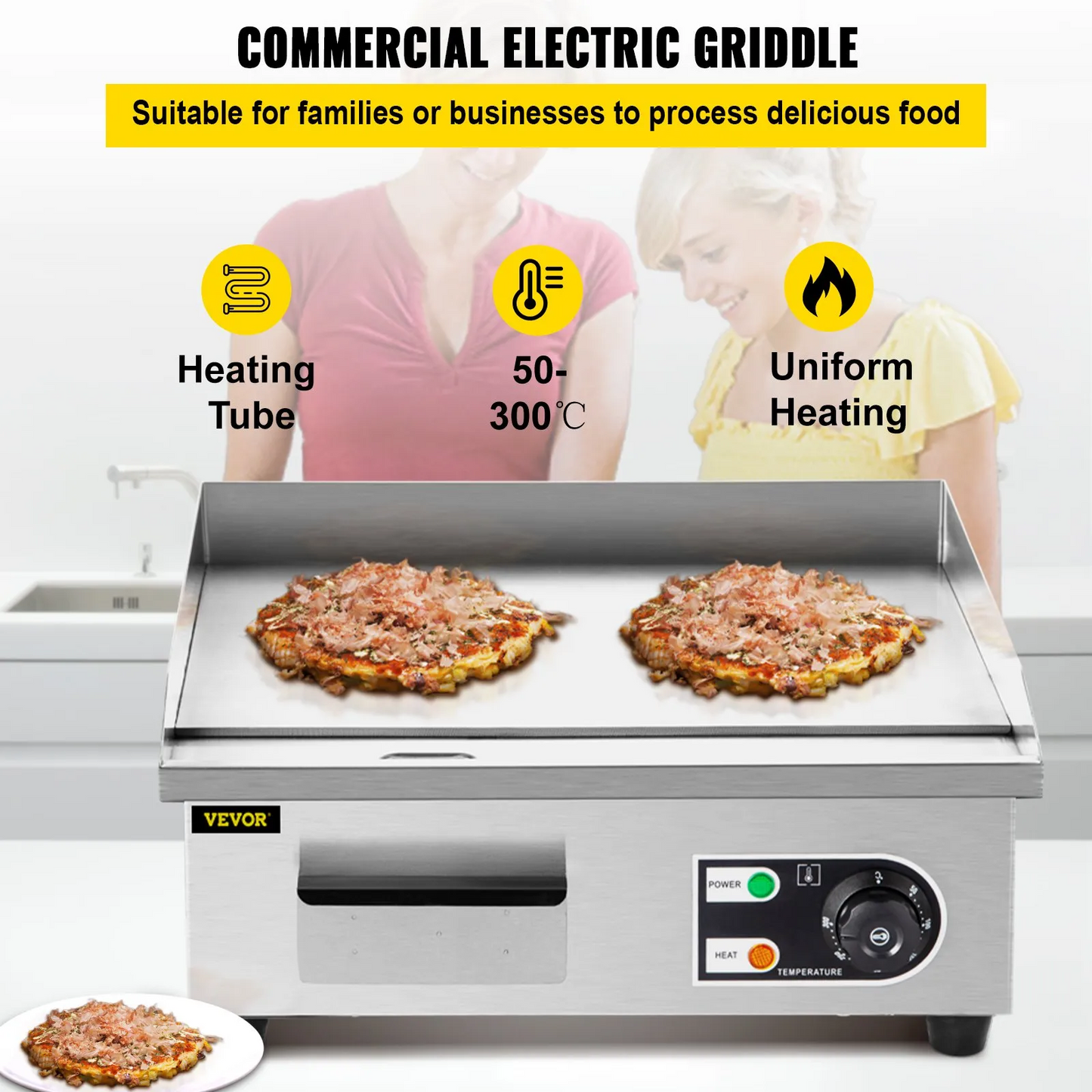 VEVOR 14\" Electric Countertop Flat Top Griddle 110V 1500W Non-Stick Commercial Electric Griddles,-$75