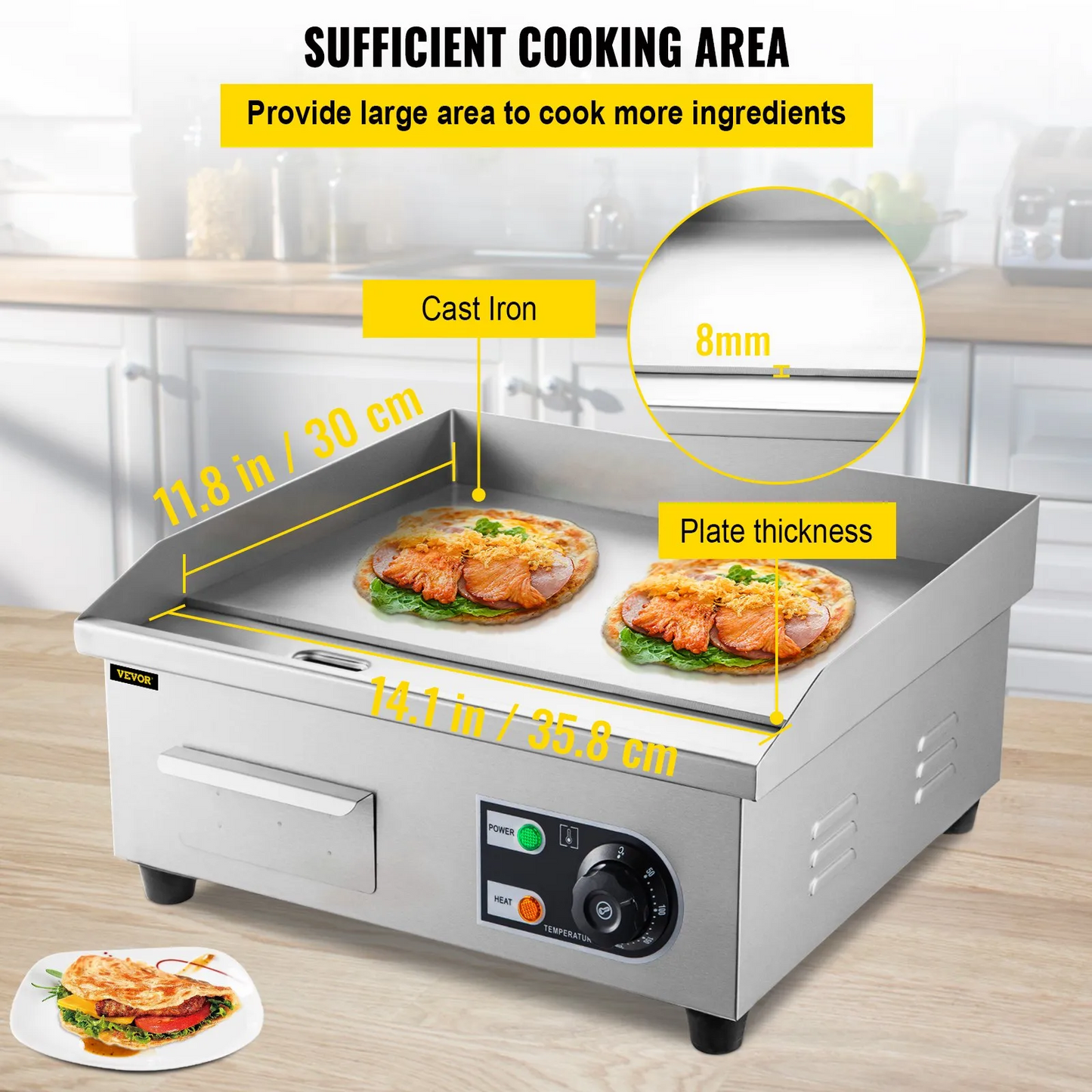 VEVOR 14\" Electric Countertop Flat Top Griddle 110V 1500W Non-Stick Commercial Electric Griddles,-$75