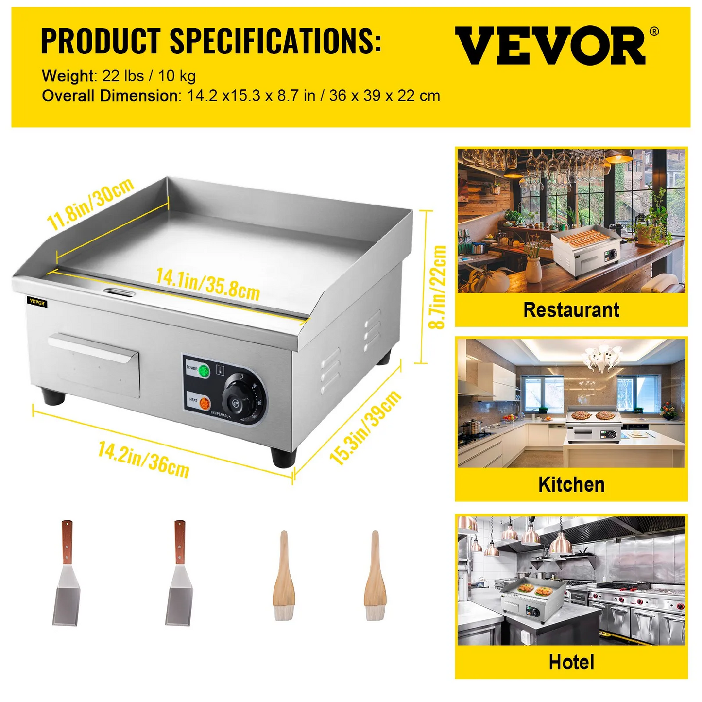 VEVOR 14\" Electric Countertop Flat Top Griddle 110V 1500W Non-Stick Commercial Electric Griddles,-$75