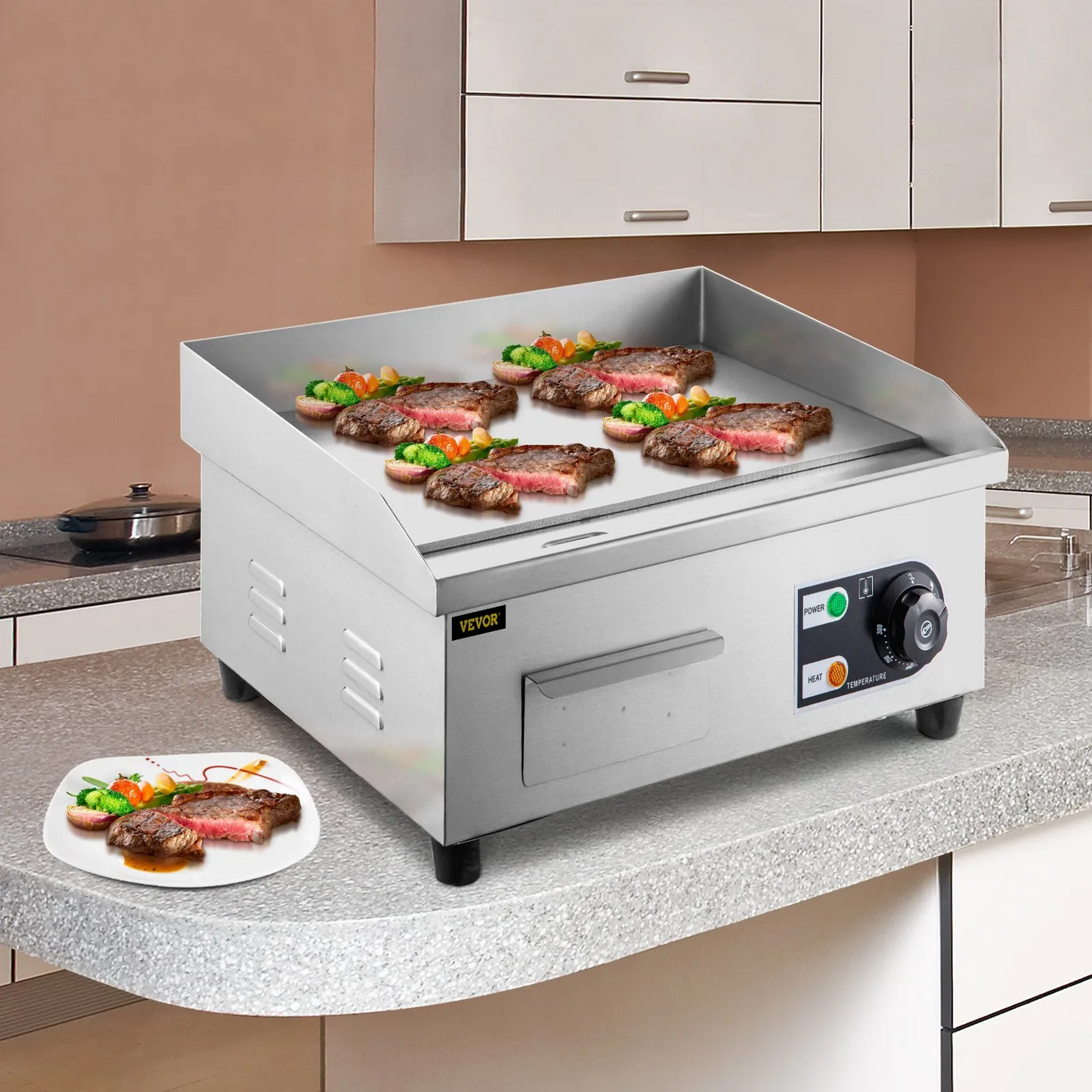 VEVOR 14\" Electric Countertop Flat Top Griddle 110V 1500W Non-Stick Commercial Electric Griddles,-$75