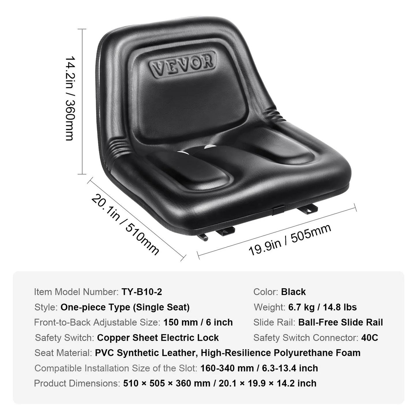 VEVOR Universal Tracor Seat, Lawn Mower Seat with Micro Switch and Drainage Holes, 6.3-13.4 inch,-$75