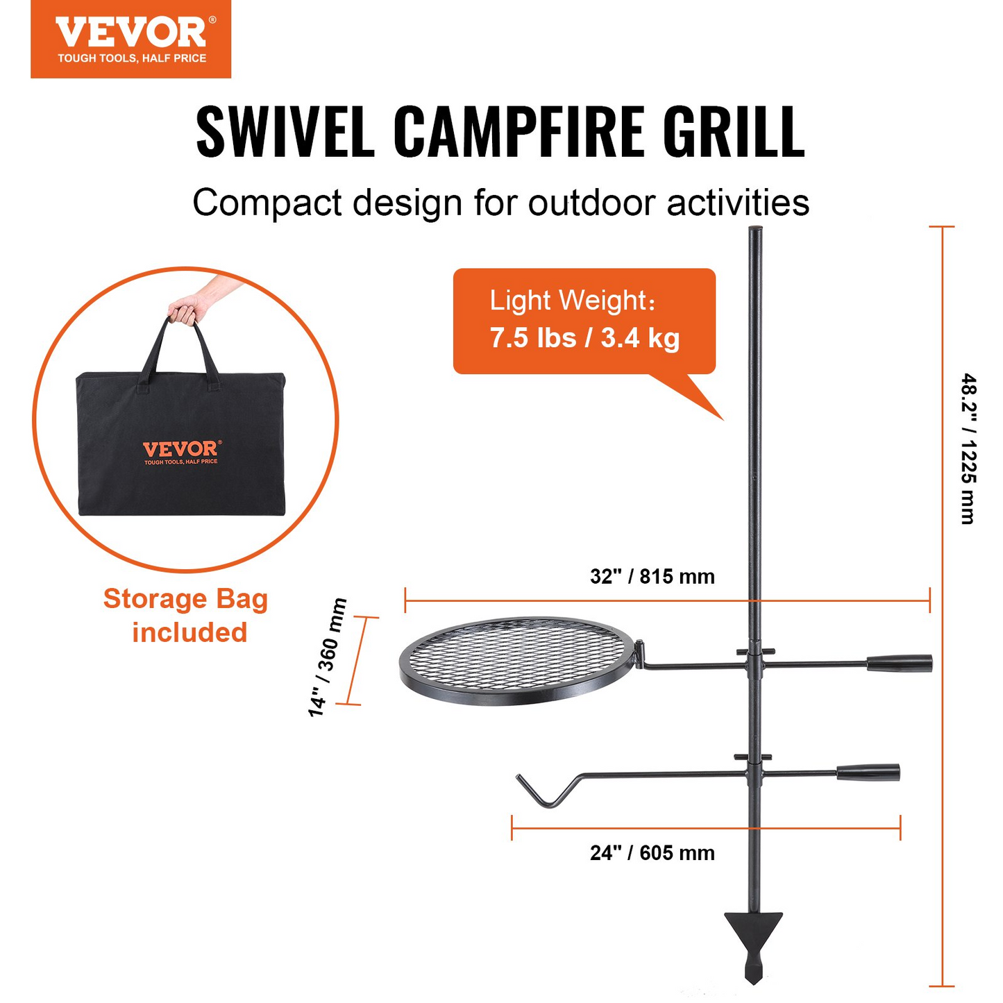 VEVOR Swivel Campfire Grill, Fire Pit Grill Grate over Fire Pits, Heavy Duty Steel Grill Grates, 360°Adjustable,-$35