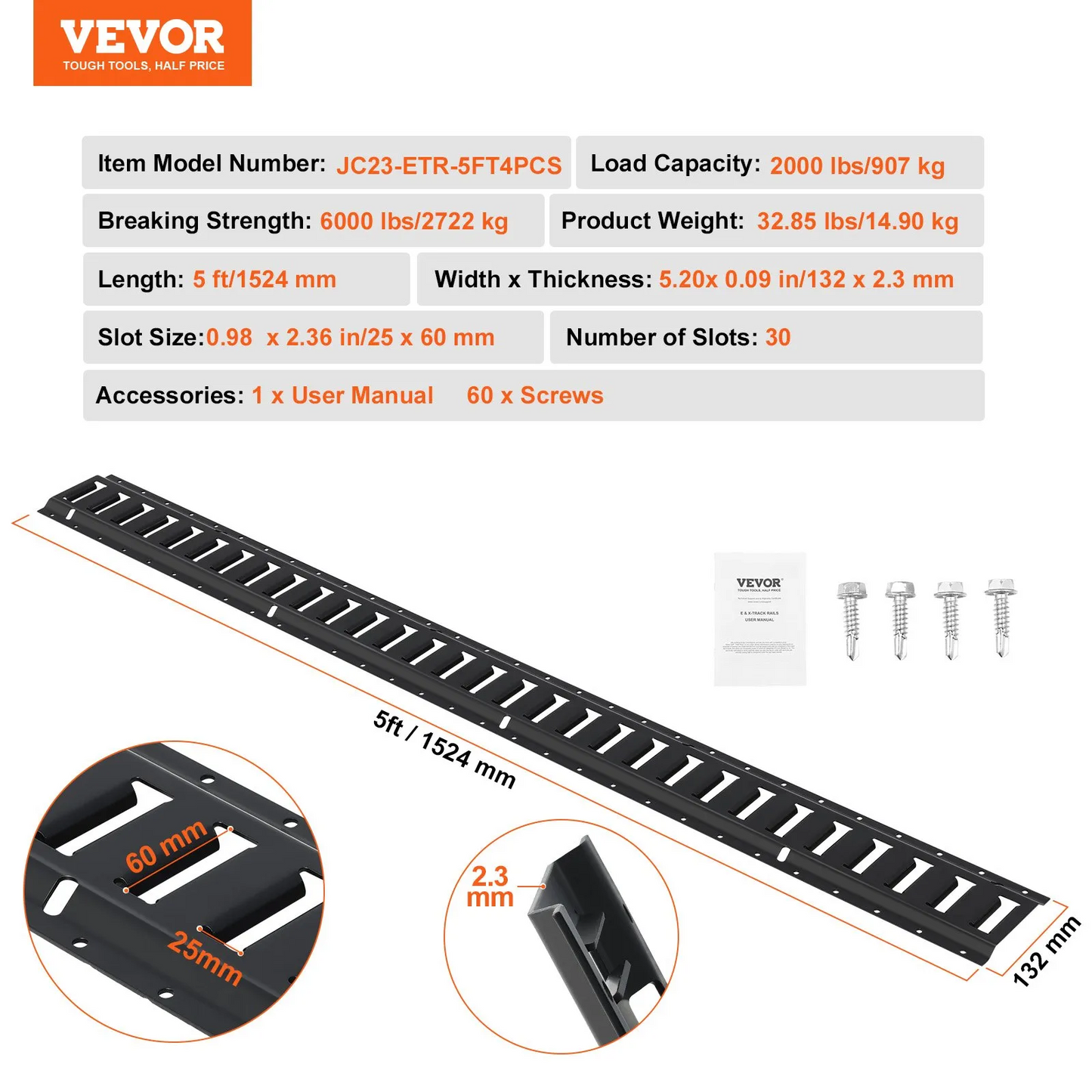 VEVOR E Track Tie Down Rail Kit, 5' Steel Rails, 4 Pack, Secure Cargo & Heavy Loads Up to 2000 lbs,-$70