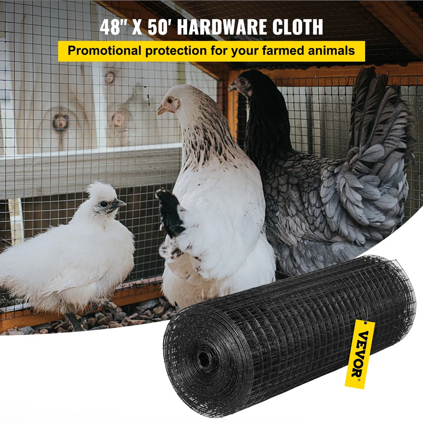 VEVOR Hardware Cloth, 48" x 50' & 1"x1" Mesh Size, Galvanized Steel Vinyl Coated 16 gauge Welded Wire,-$70