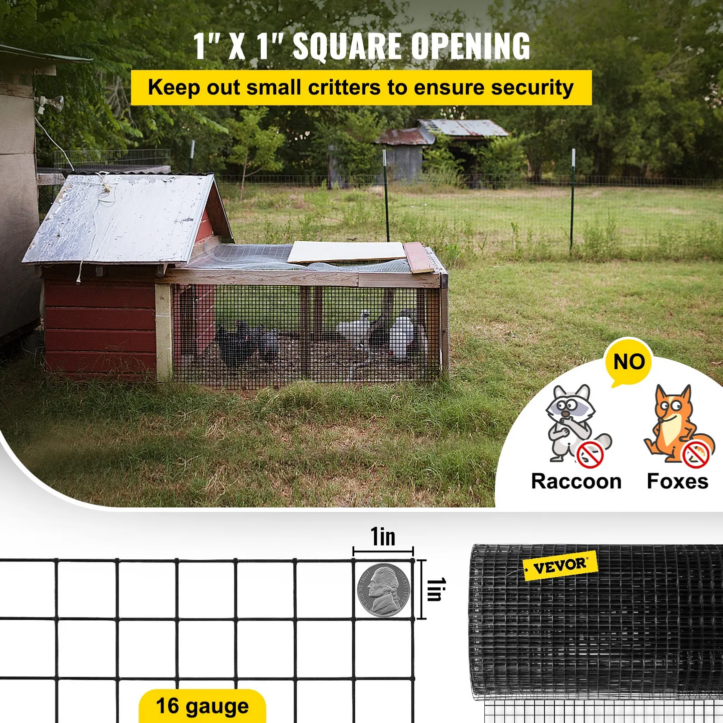 VEVOR Hardware Cloth, 48" x 50' & 1"x1" Mesh Size, Galvanized Steel Vinyl Coated 16 gauge Welded Wire,-$70