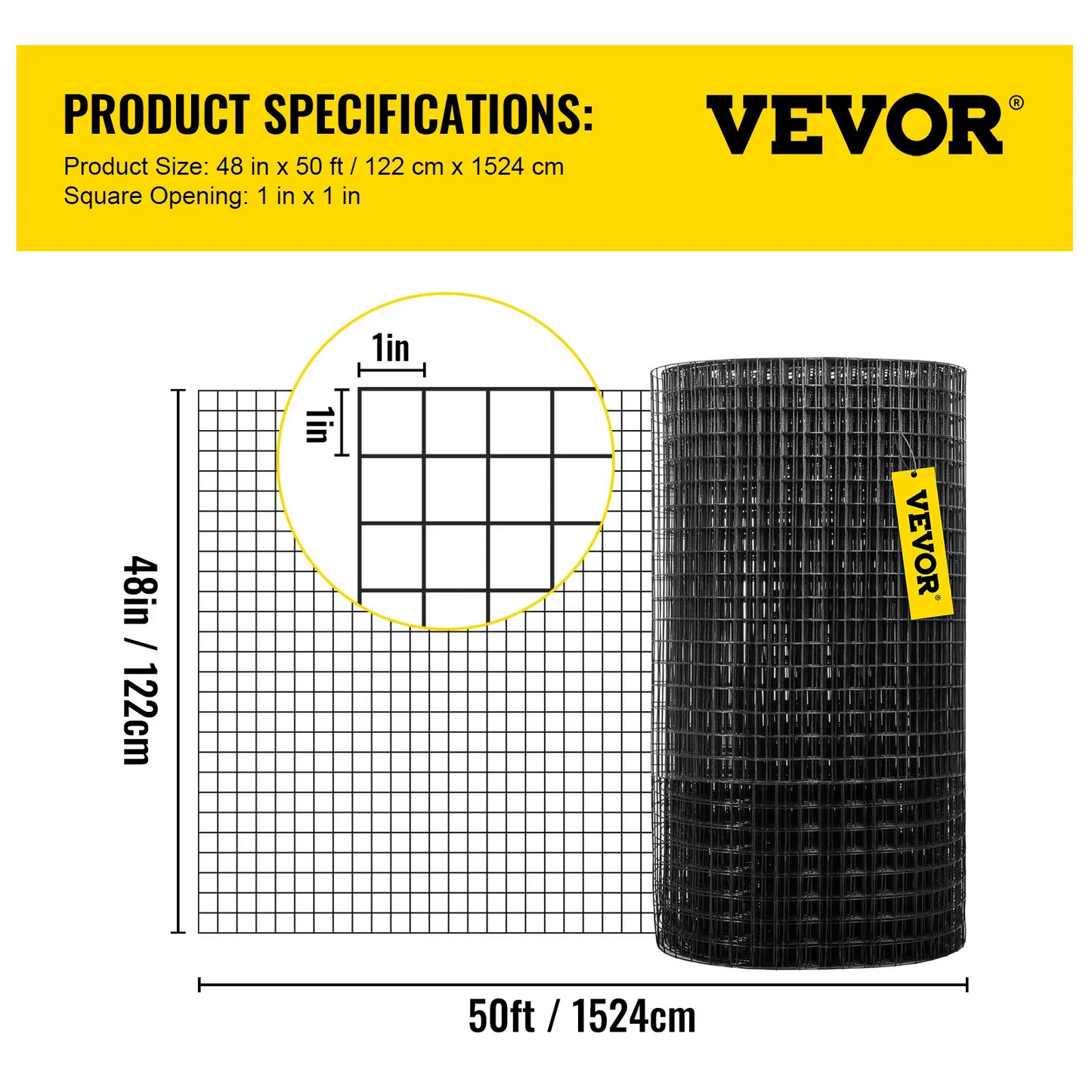 VEVOR Hardware Cloth, 48" x 50' & 1"x1" Mesh Size, Galvanized Steel Vinyl Coated 16 gauge Welded Wire,-$70