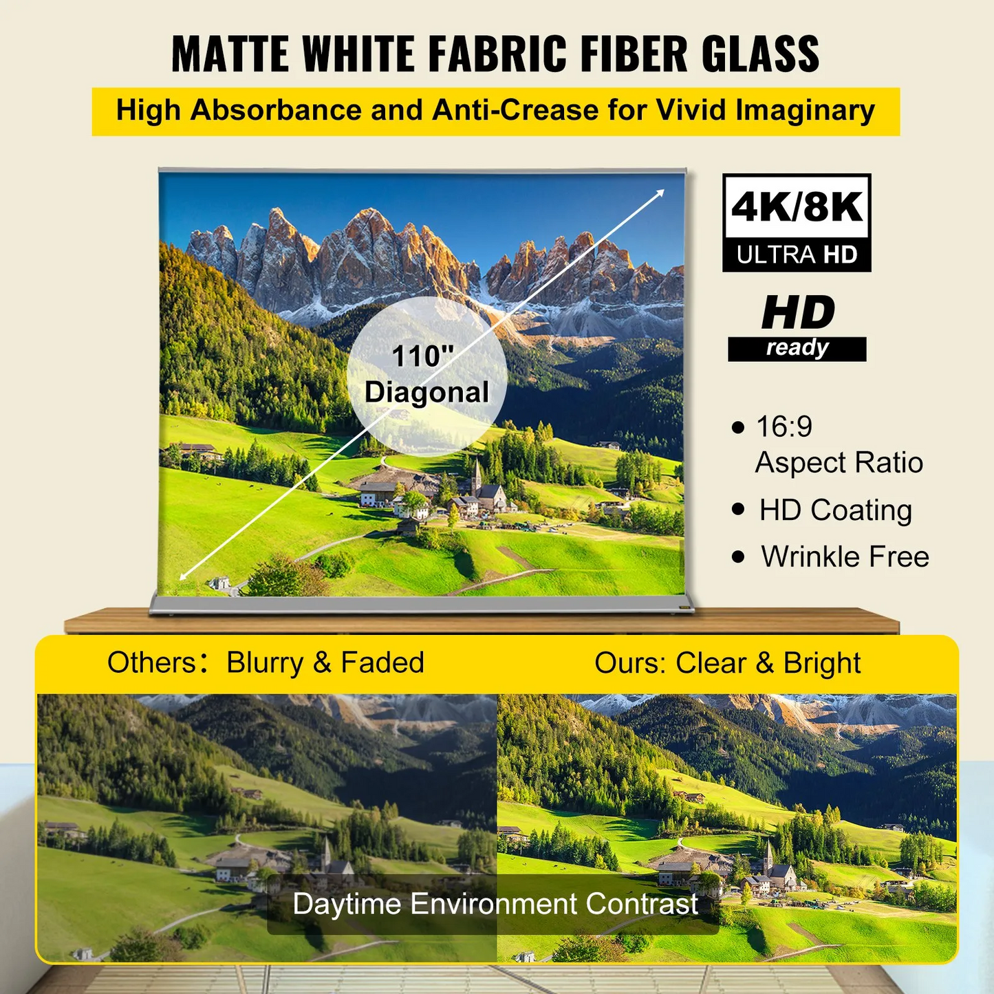 VEVOR Projector Screen, 110\" 16:9 4K/8K Ultra HDR, Pull Up Projector Screen, Rising Projection Screen,-$220