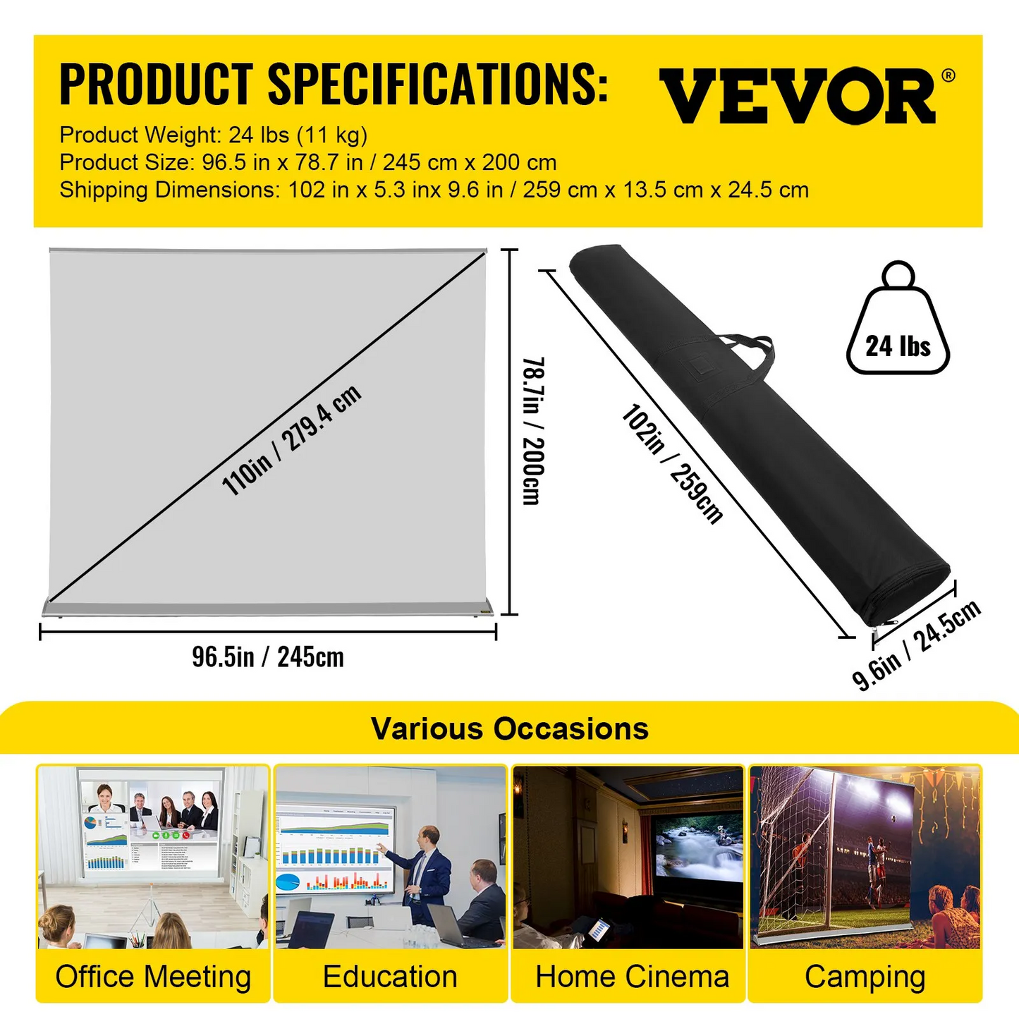 VEVOR Projector Screen, 110\" 16:9 4K/8K Ultra HDR, Pull Up Projector Screen, Rising Projection Screen,-$220