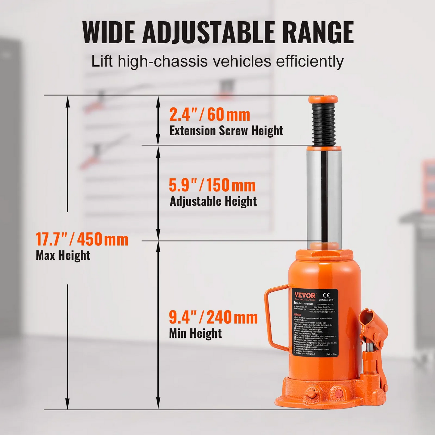 VEVOR Hydraulic Bottle Jack, 20 Ton/44092 LBS All Welded Bottle Jack, 7.5-14 inch Lifting Range,-$40