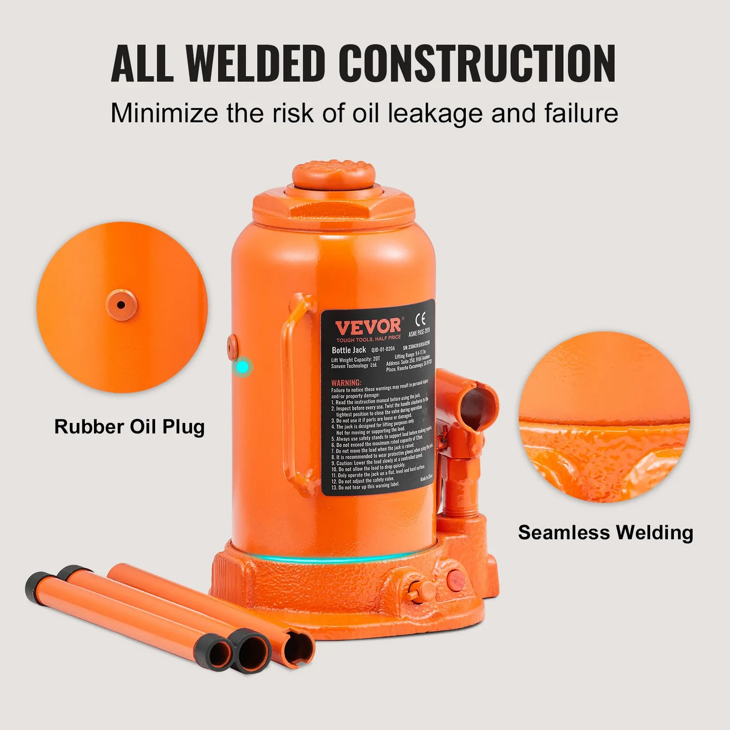 VEVOR Hydraulic Bottle Jack, 20 Ton/44092 LBS All Welded Bottle Jack, 7.5-14 inch Lifting Range,-$40