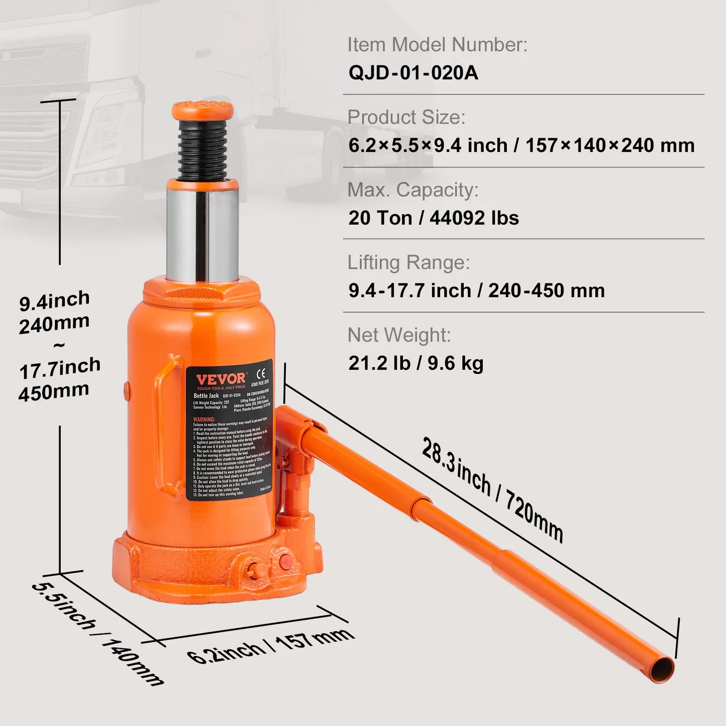 VEVOR Hydraulic Bottle Jack, 20 Ton/44092 LBS All Welded Bottle Jack, 7.5-14 inch Lifting Range,-$40