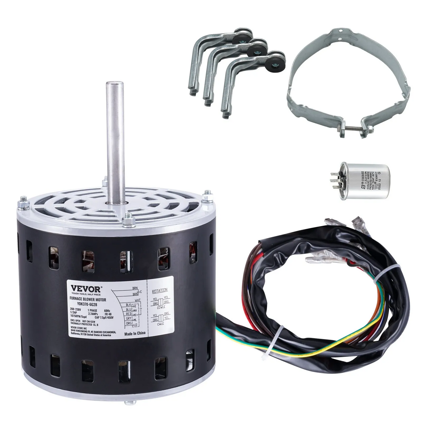 VEVOR 1/2HP Furnace Blower Motor, 208/230V 2.7Amps, 1075RPM 5 Speeds, CW/CCW Rotation,-$90