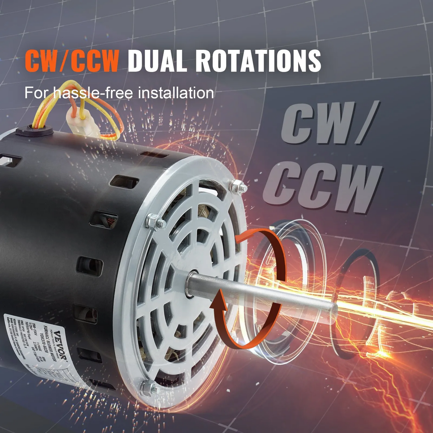 VEVOR 1/2HP Furnace Blower Motor, 208/230V 2.7Amps, 1075RPM 5 Speeds, CW/CCW Rotation,-$90