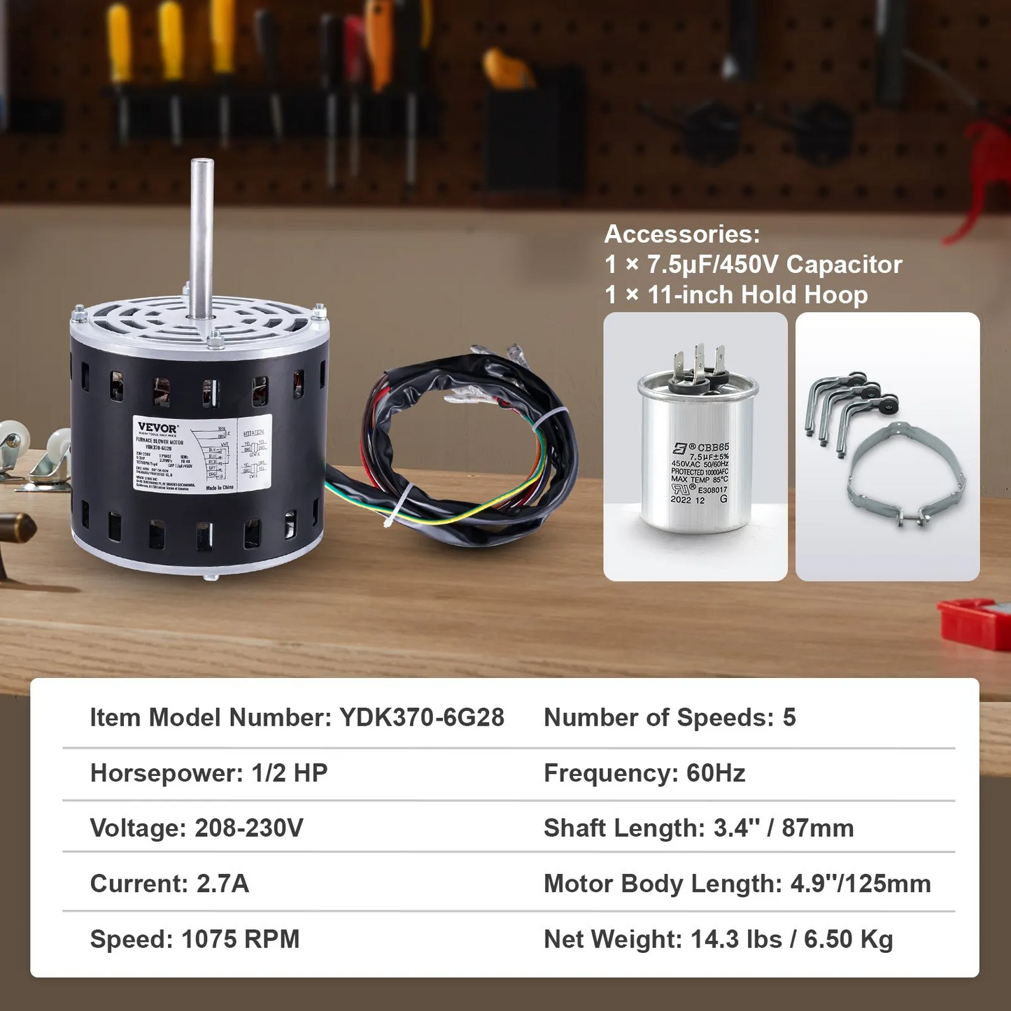 VEVOR 1/2HP Furnace Blower Motor, 208/230V 2.7Amps, 1075RPM 5 Speeds, CW/CCW Rotation,-$90