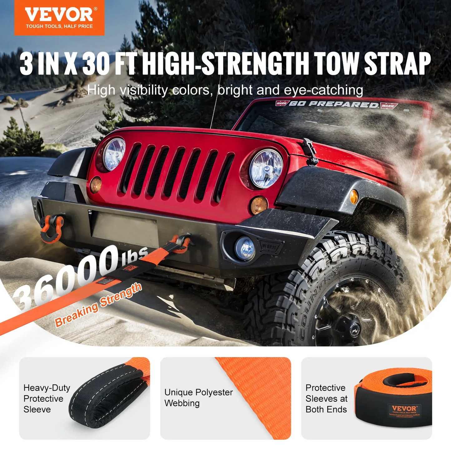 VEVOR Heavy Duty Tow Strap Recovery Kit 3" x 30 ft (MBS-36,000 lbs) Tree Saver Winch Strap,-$35