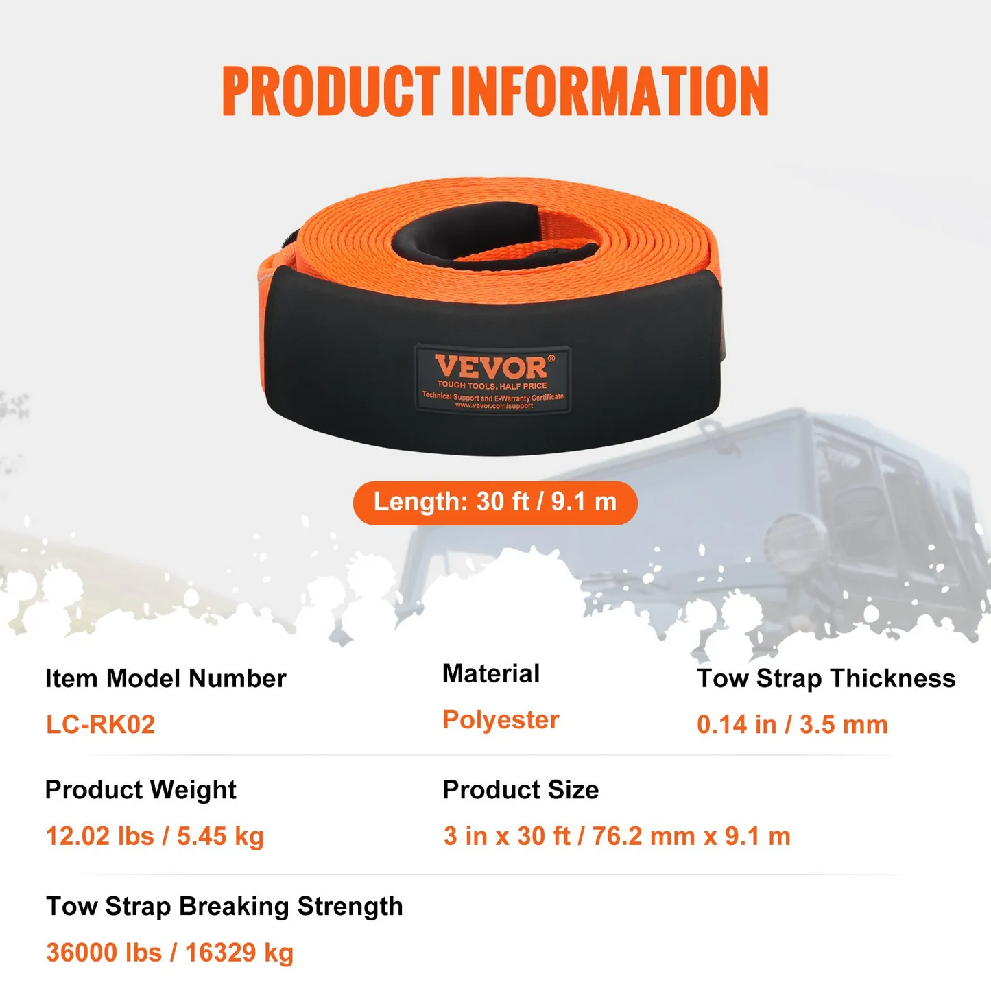VEVOR Heavy Duty Tow Strap Recovery Kit 3" x 30 ft (MBS-36,000 lbs) Tree Saver Winch Strap,-$35