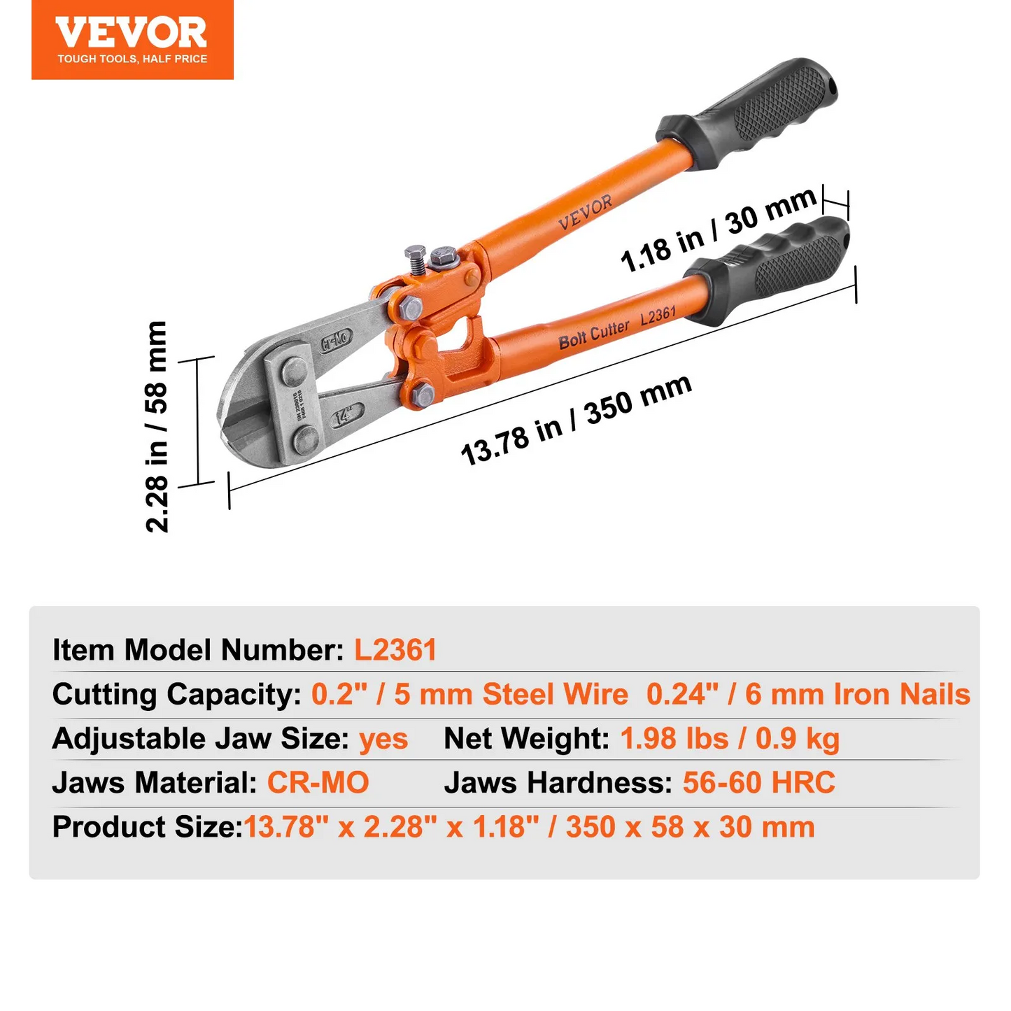 VEVOR Bolt Cutter, 14" Lock Cutter, Bi-Material Handle with Soft Rubber Grip, Chrome Molybdenum Alloy,-$15